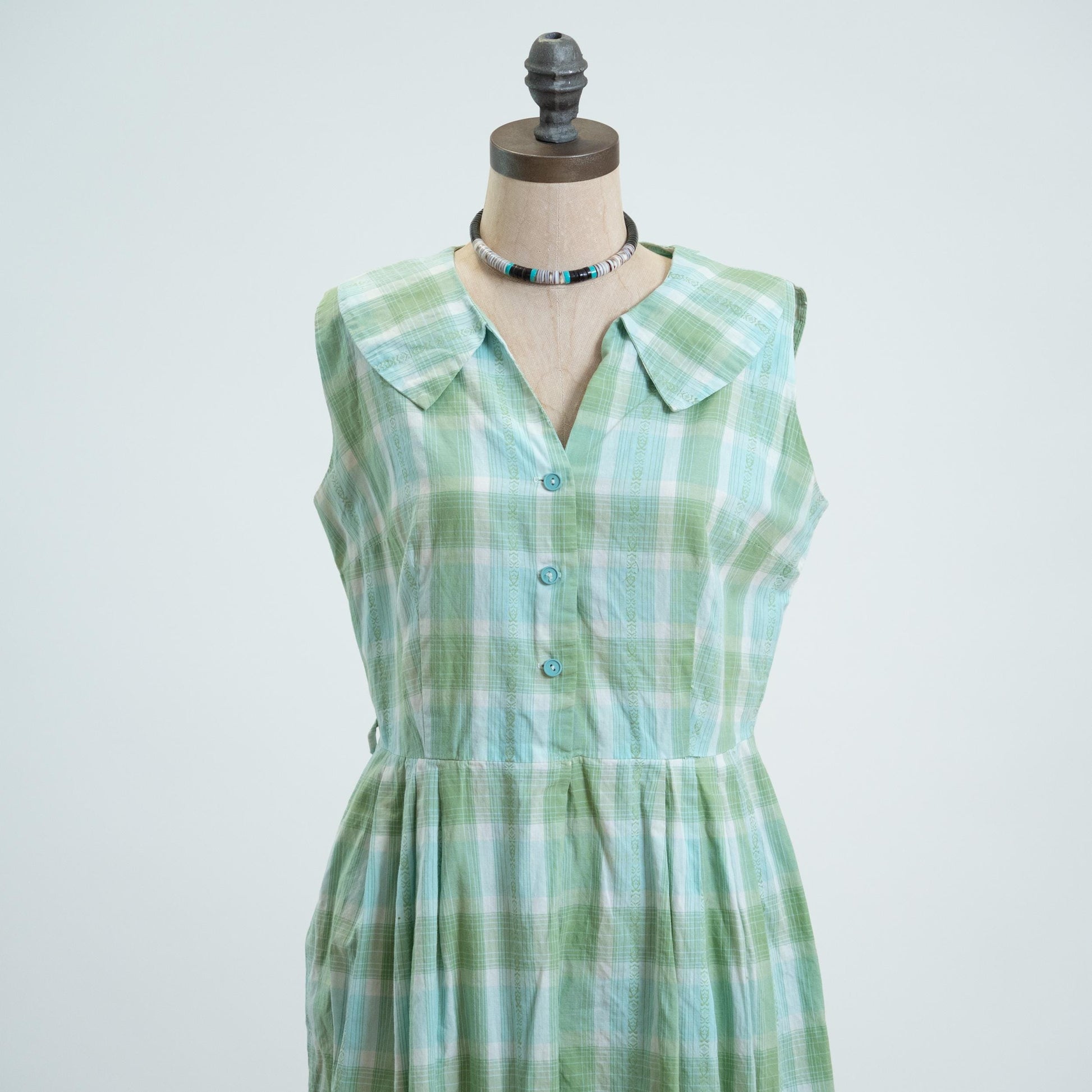 Vintage 50s Green & Blue Plaid Midi Day Dress - Medium to Large