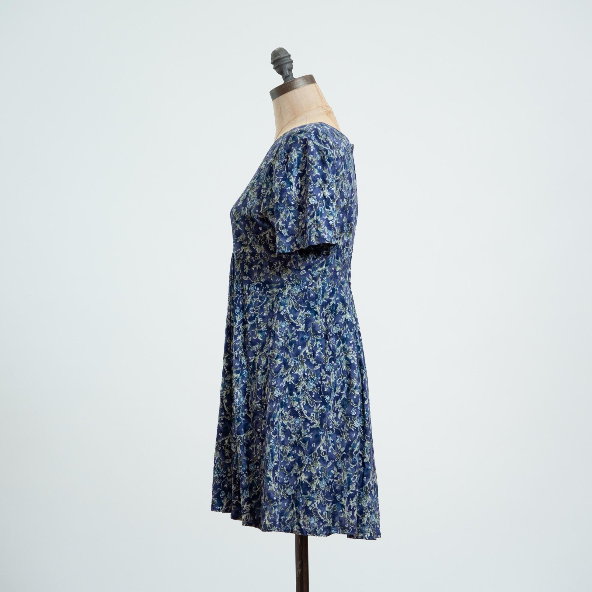 Vintage 90s Blue Floral & Vine Print Babydoll Mini Dress - XS to Small