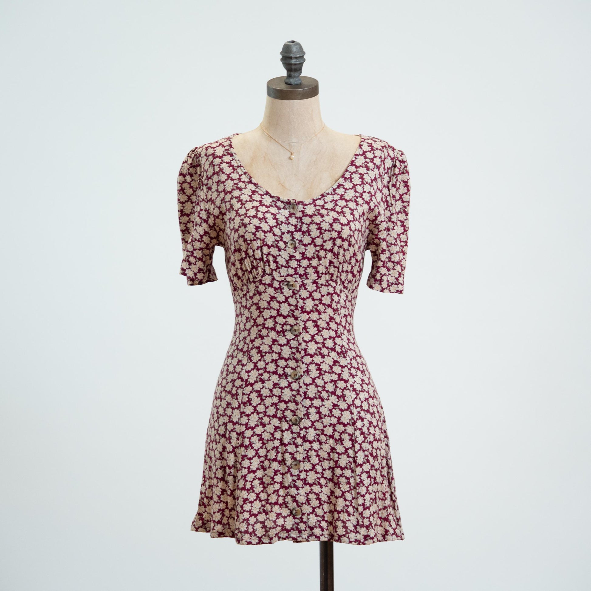 Vintage 90s Wine Red Daisy Floral Mini Dress - Petite XS 