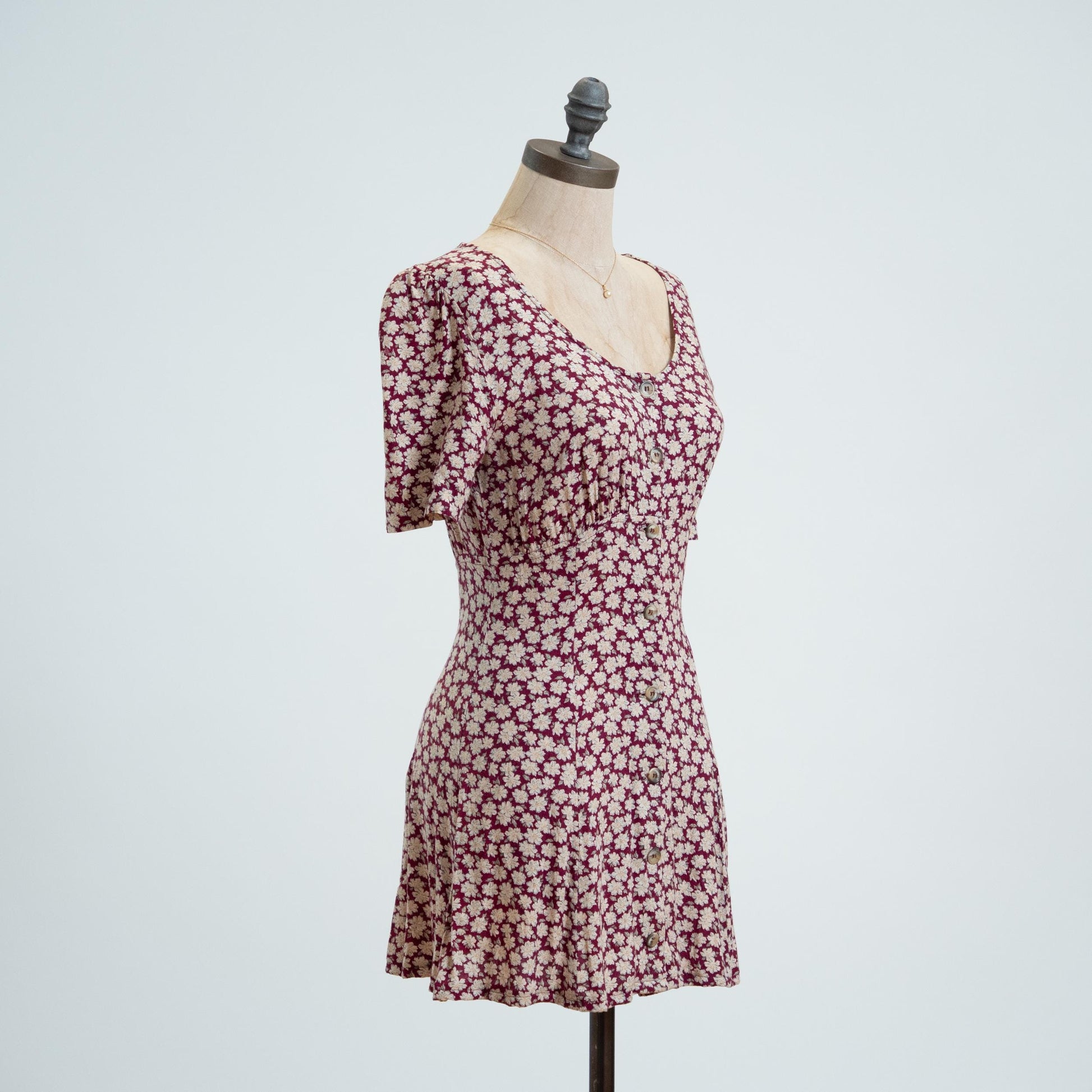Vintage 90s Wine Red Daisy Floral Mini Dress - Petite XS 