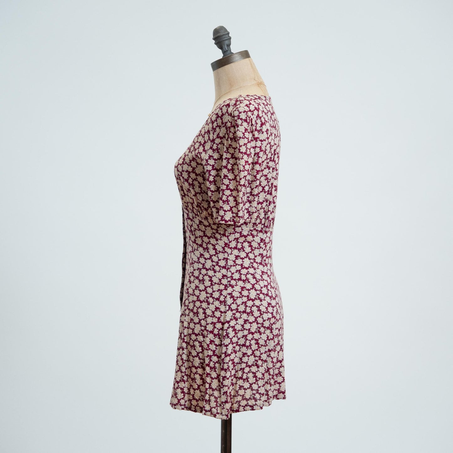 Vintage 90s Wine Red Daisy Floral Mini Dress - Petite XS 