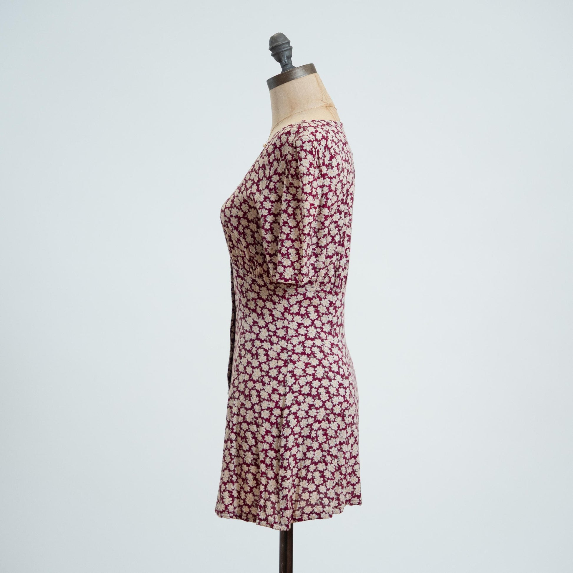 Vintage 90s Wine Red Daisy Floral Mini Dress - Petite XS 