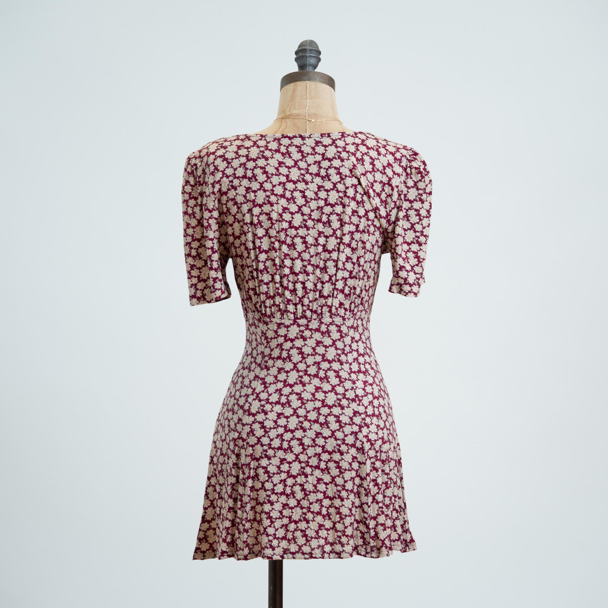 Vintage 90s Wine Red Daisy Floral Mini Dress - Petite XS 