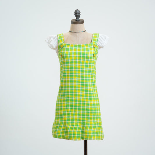 Vintage 60s Lime Green Plaid Pinafore, As Is - XXS
