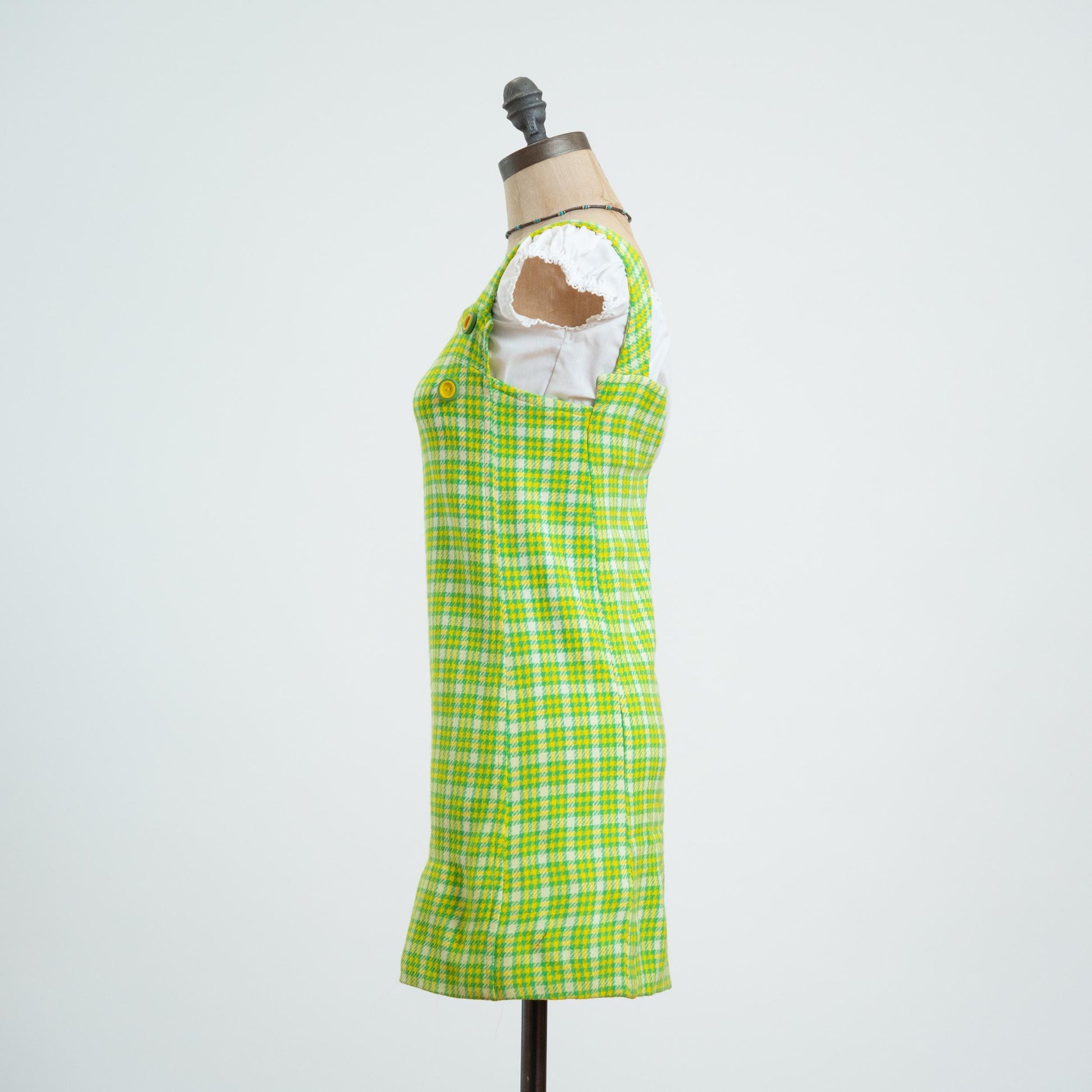 Vintage 60s Lime Green Plaid Pinafore, As Is - XXS
