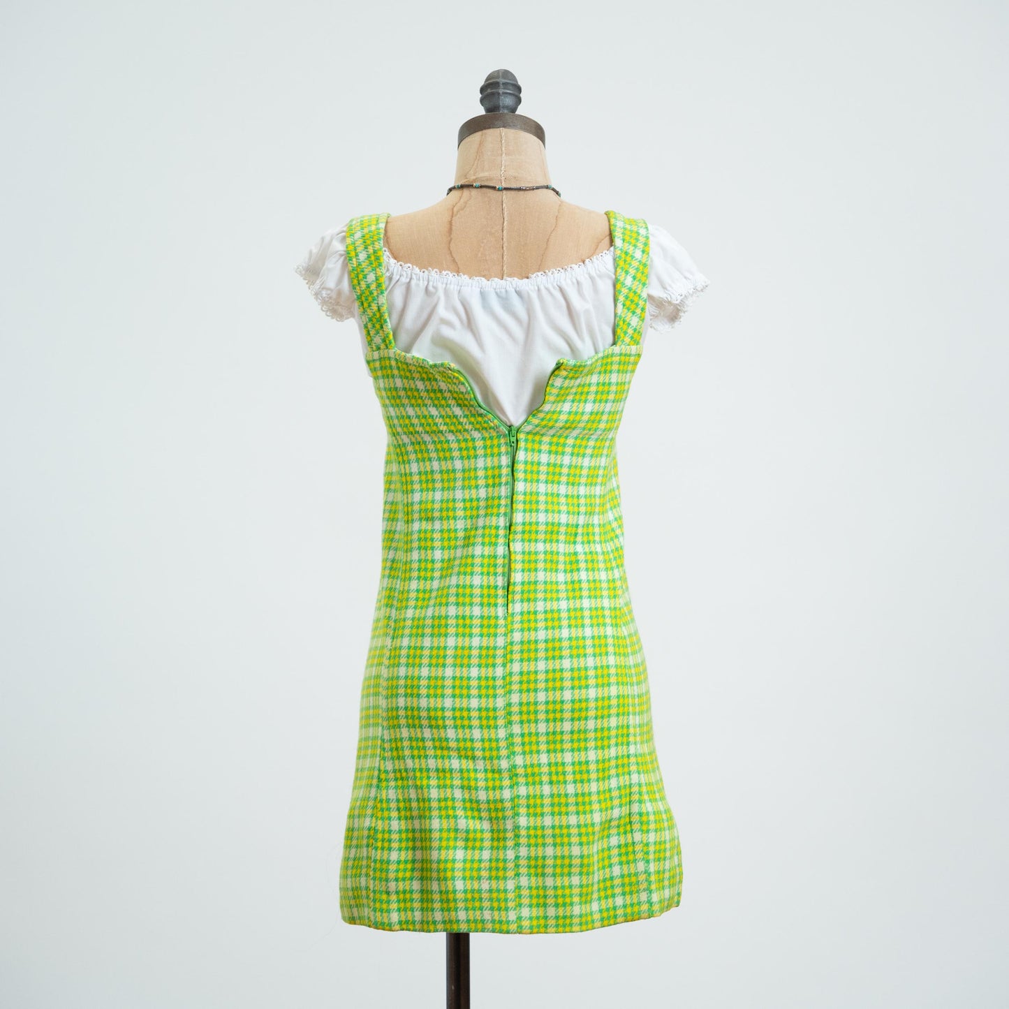 Vintage 60s Lime Green Plaid Pinafore, As Is - XXS