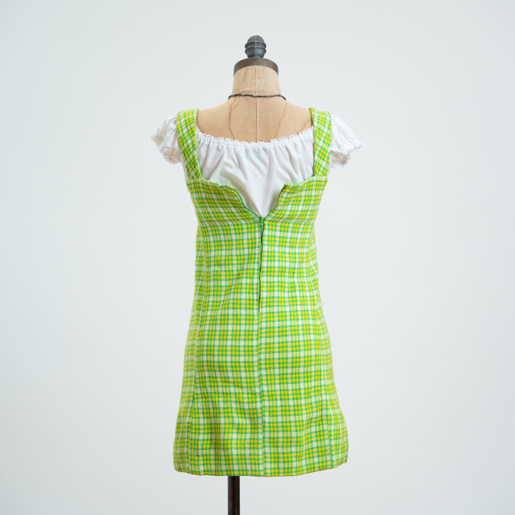 Vintage 60s Lime Green Plaid Pinafore, As Is - XXS