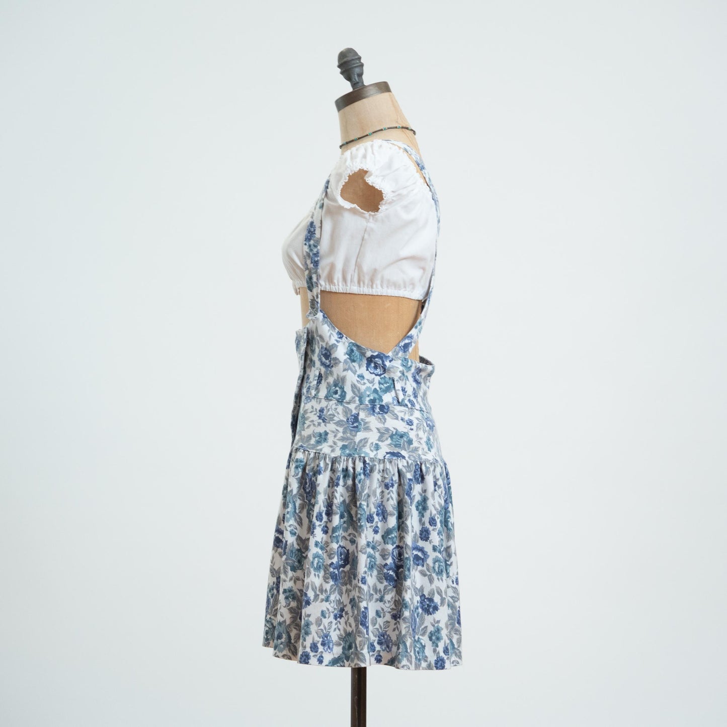 Vintage 80s Blue Floral Pinafore Mini Dress - Medium