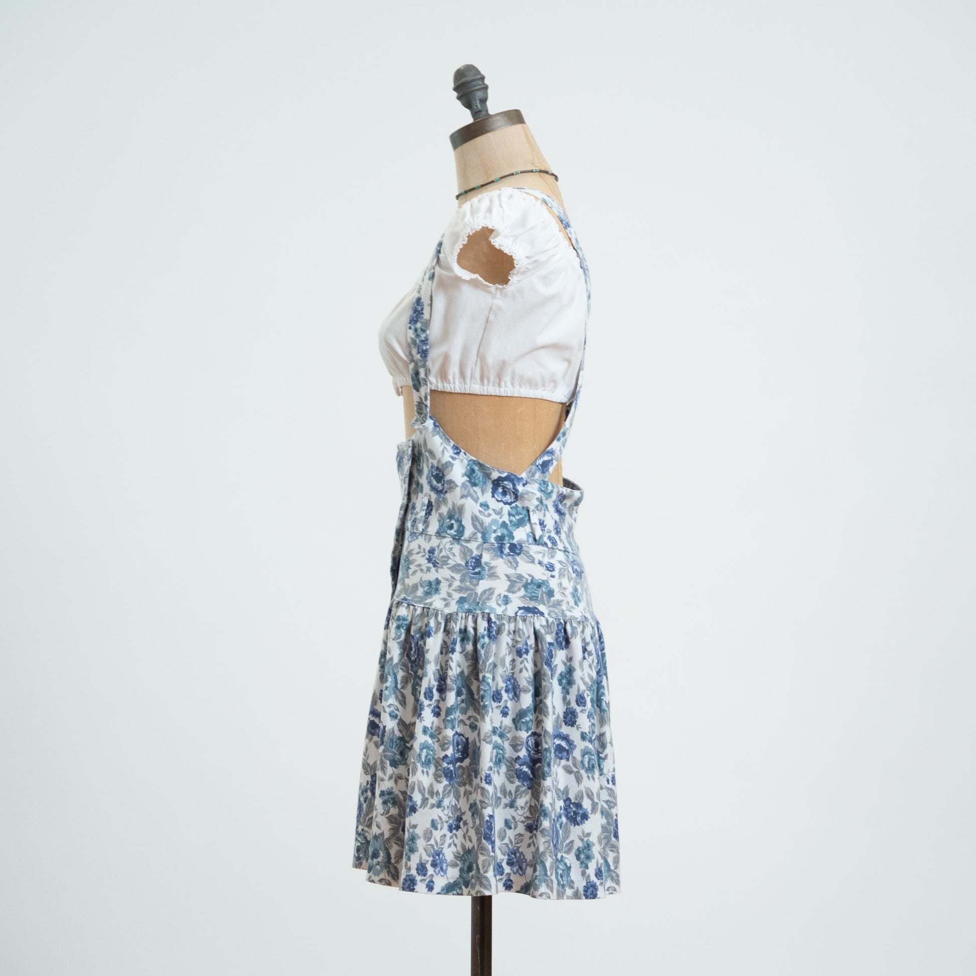Vintage 80s Blue Floral Pinafore Mini Dress - Medium