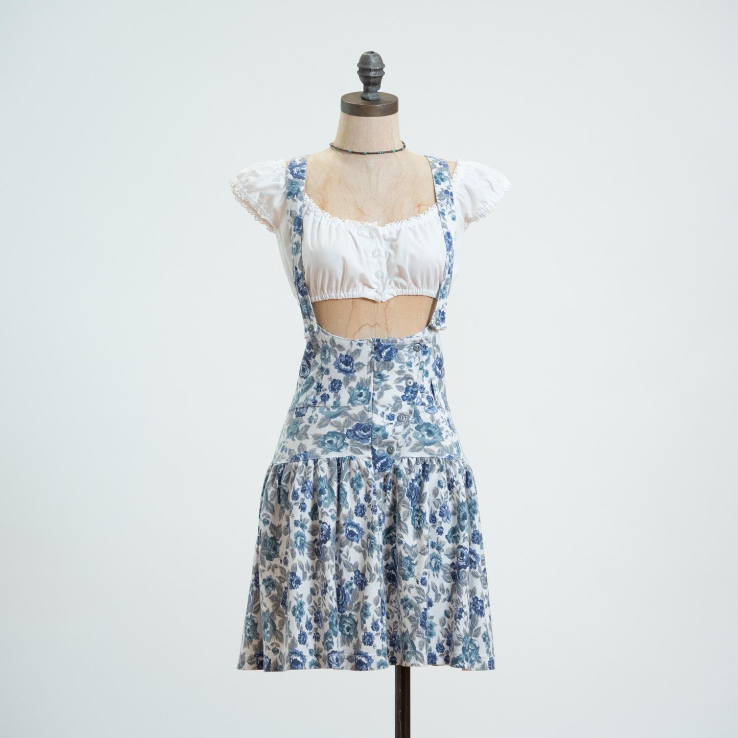 Vintage 80s Blue Floral Pinafore Mini Dress - Medium