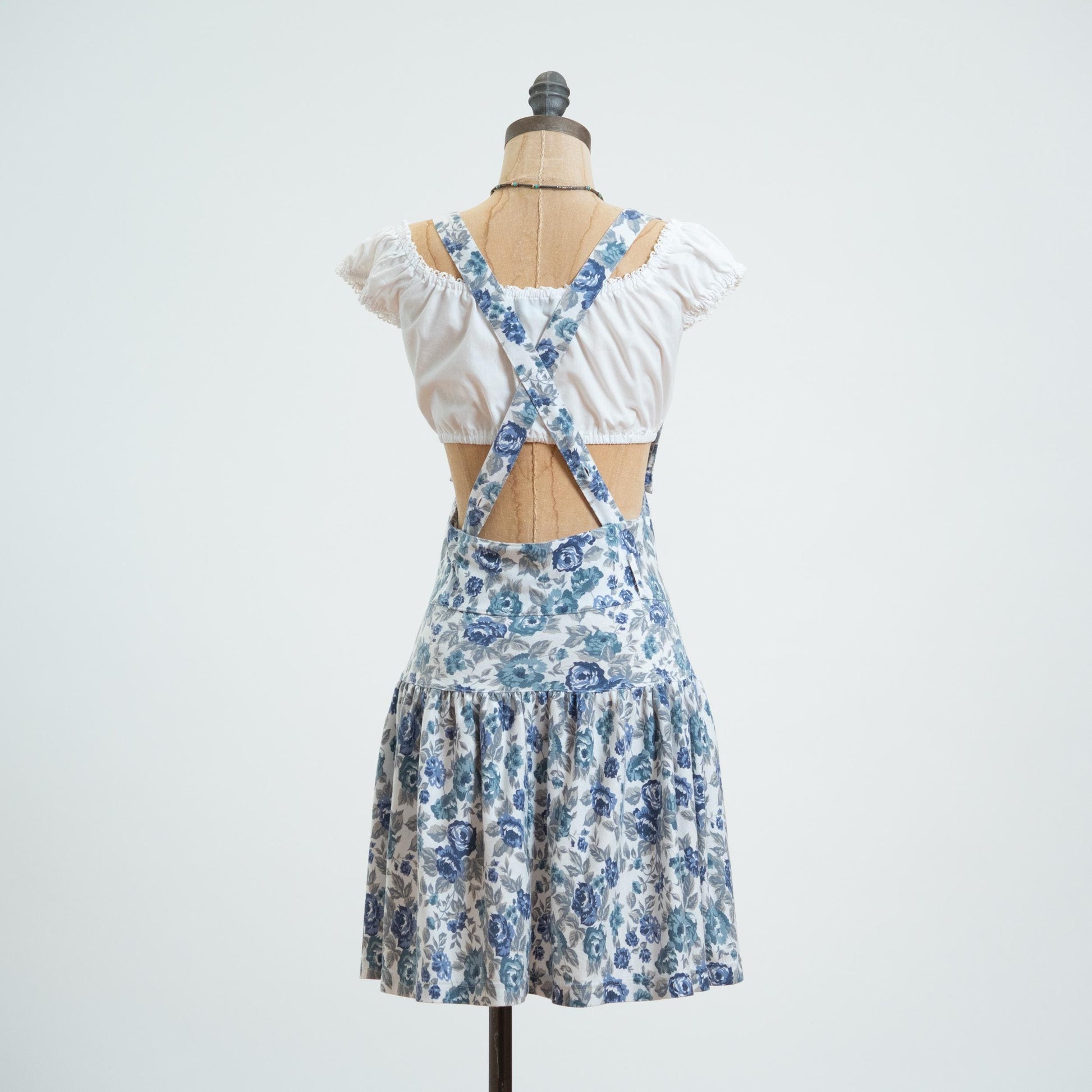 Vintage 80s Blue Floral Pinafore Mini Dress - Medium