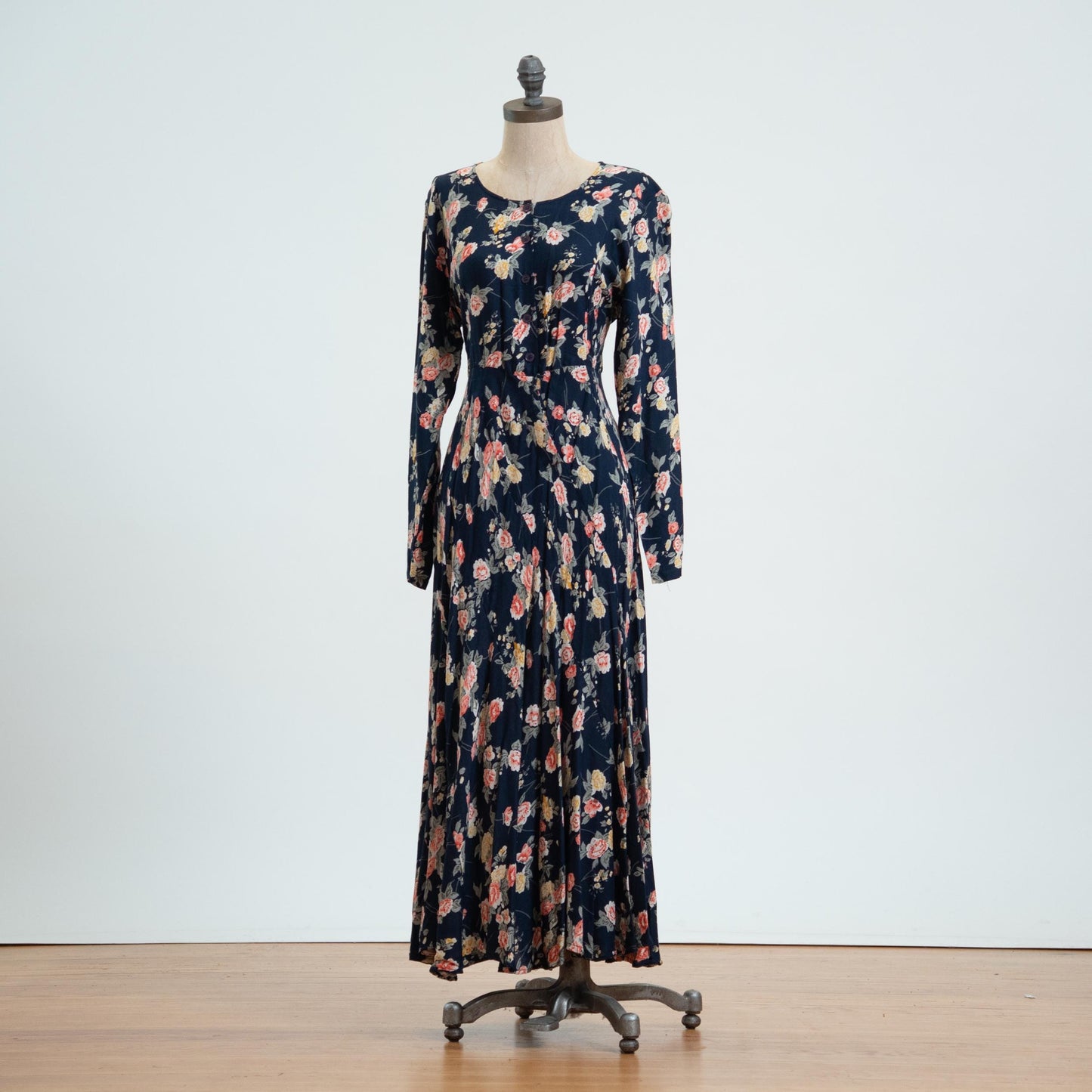 Vintage 90s Navy Floral Bias Swirl Maxi Dress - Medium 