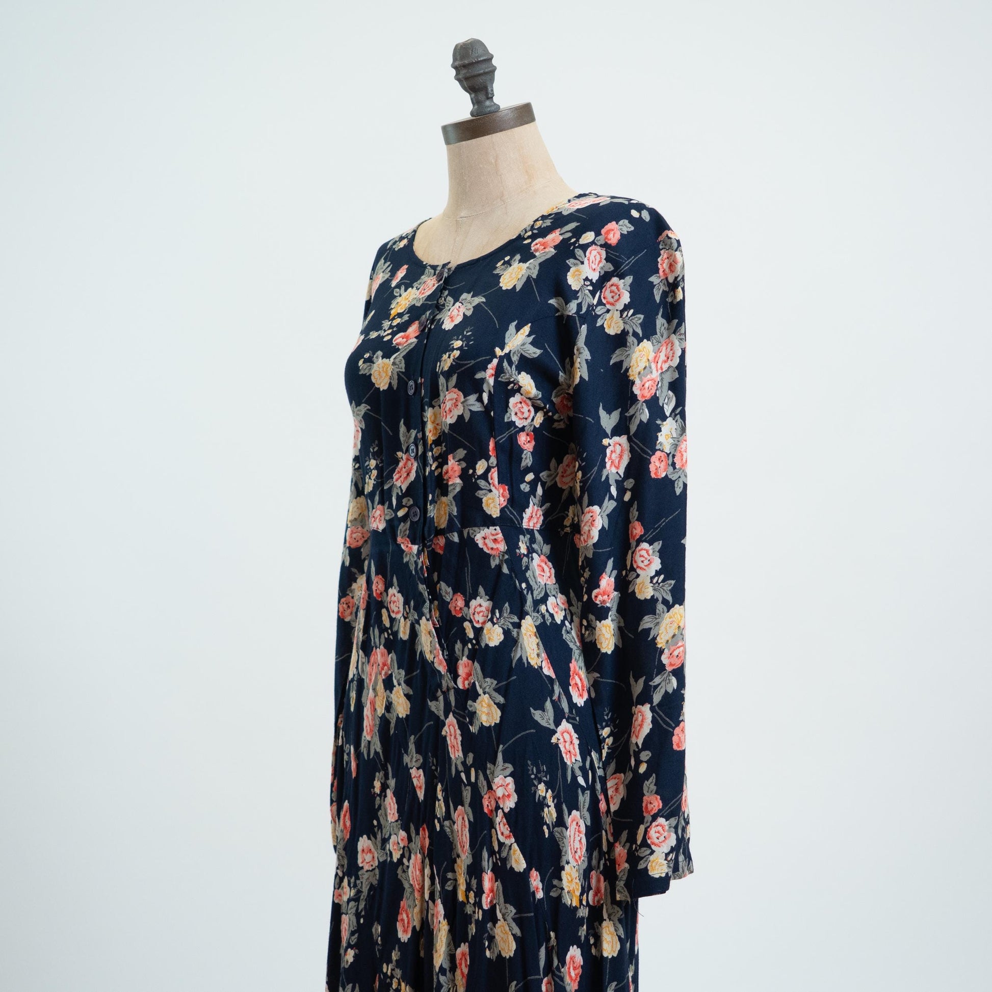 Vintage 90s Navy Floral Bias Swirl Maxi Dress - Medium 