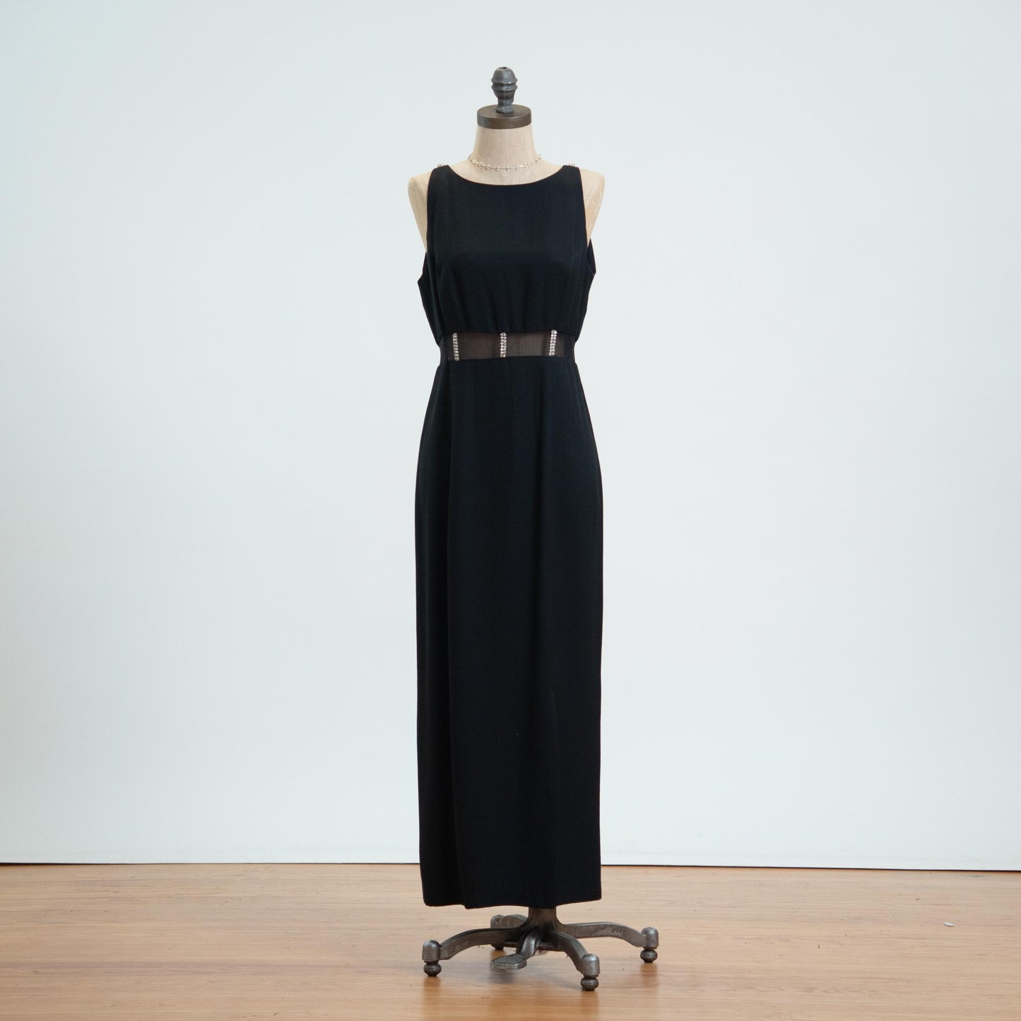Vintage 80s Black Sheer Cage Waist Maxi Dress - Medium