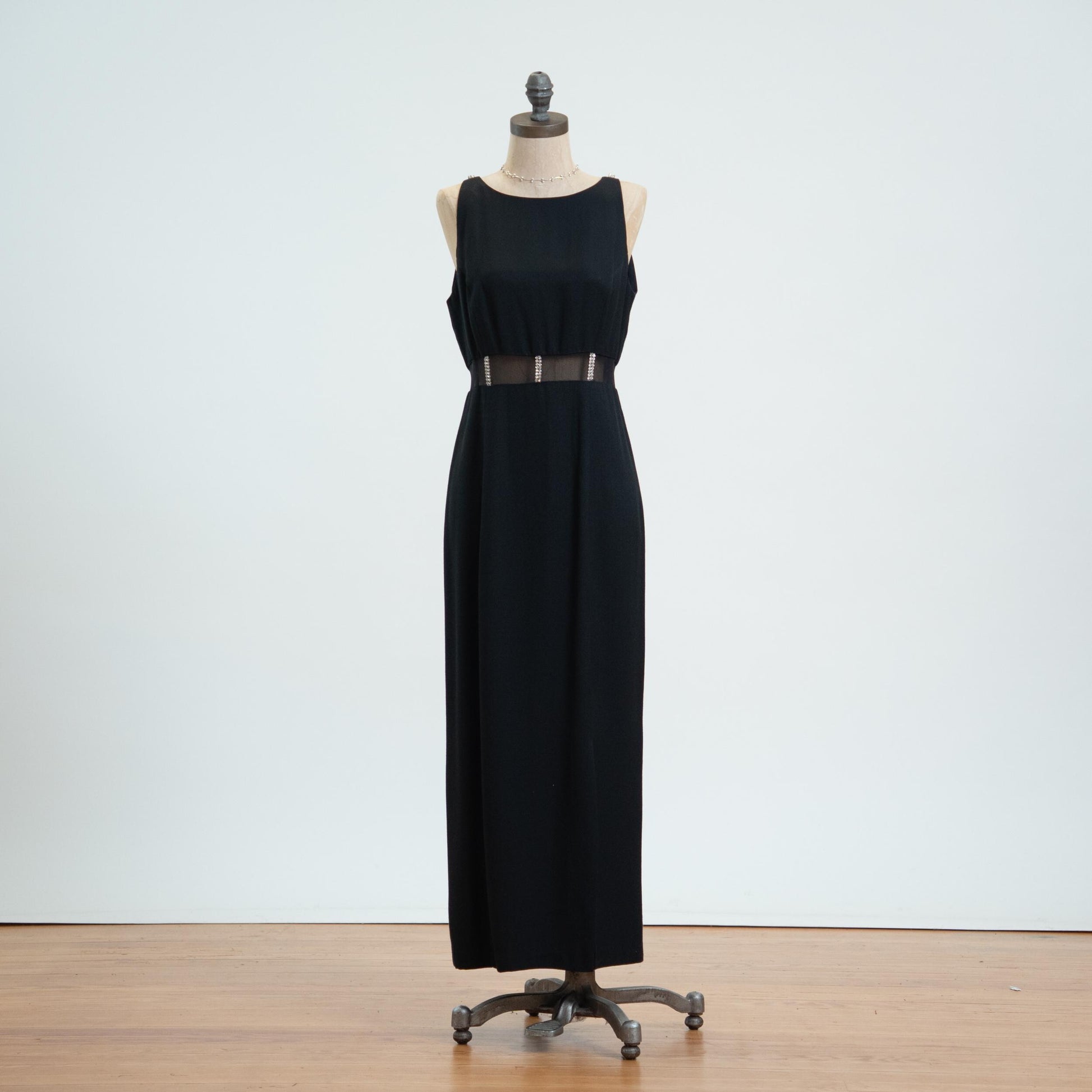 Vintage 80s Black Sheer Cage Waist Maxi Dress - Medium