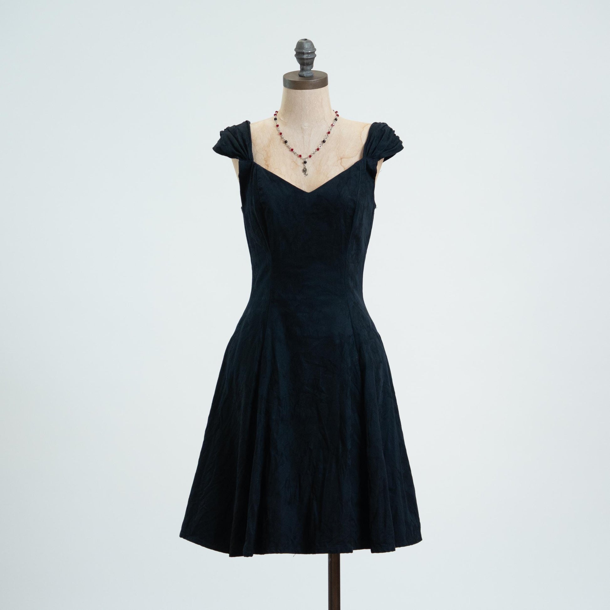 Vintage 80s Black Floral Cotton Jacquard Cap Sleeve Party Dress - Small
