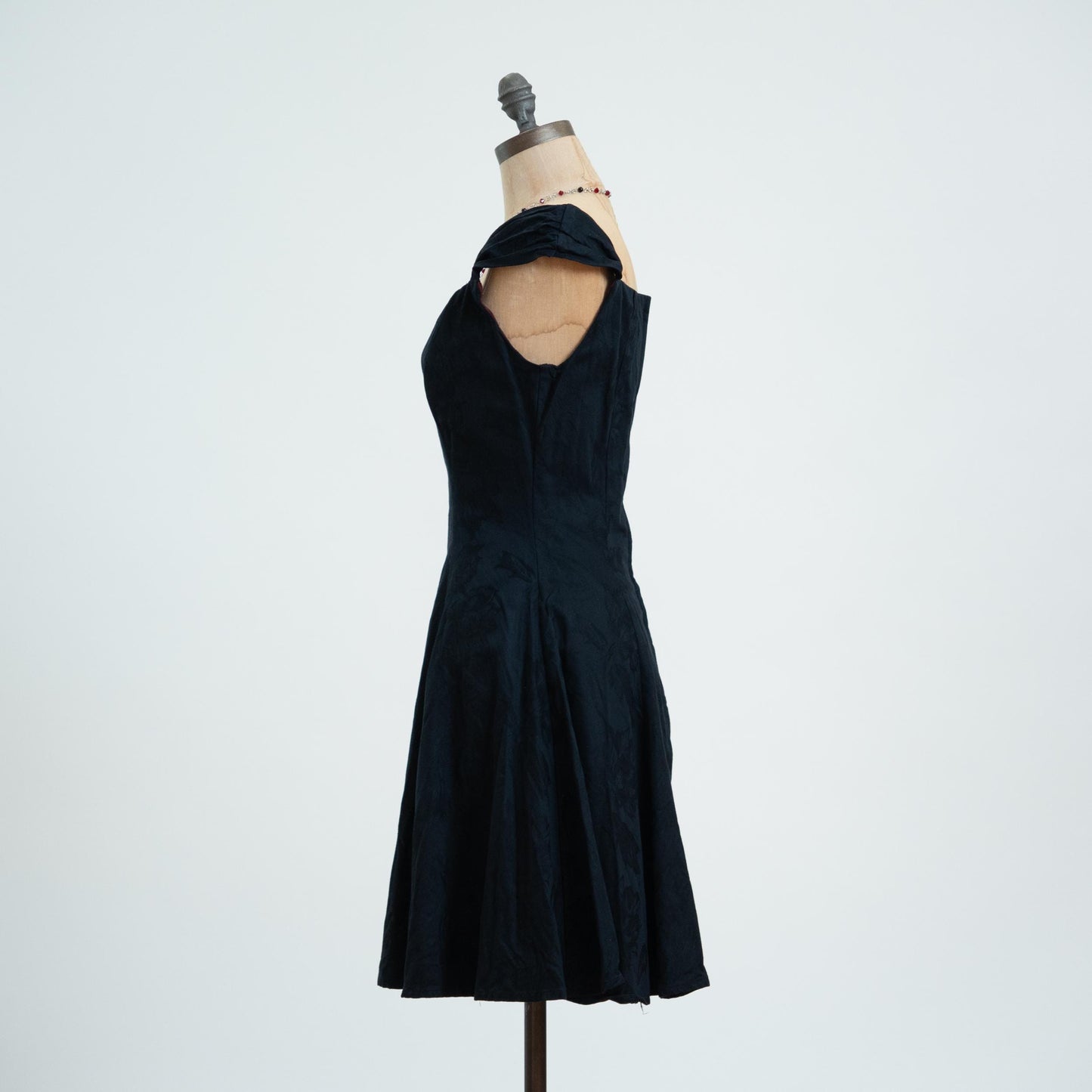 Vintage 80s Black Floral Cotton Jacquard Cap Sleeve Party Dress - Small