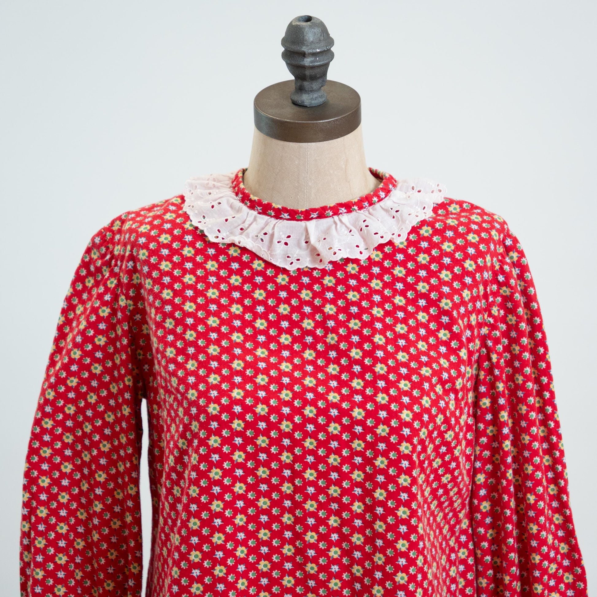 Vintage 60s Red Floral Prairie Collar Tent Dress - Extra Small