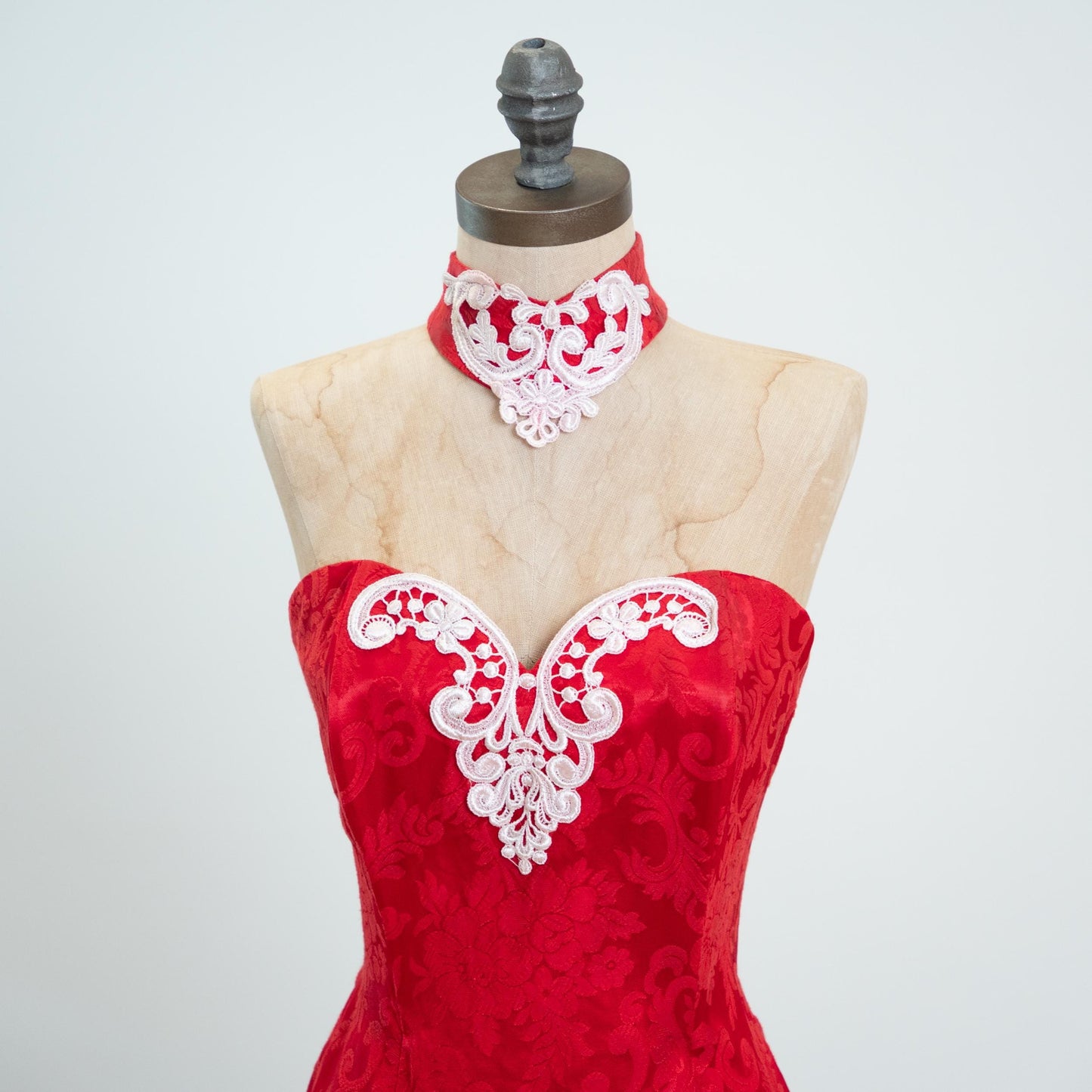 Vintage 80s Gunne Sax Red Jacquard Choker Party Dress - Medium