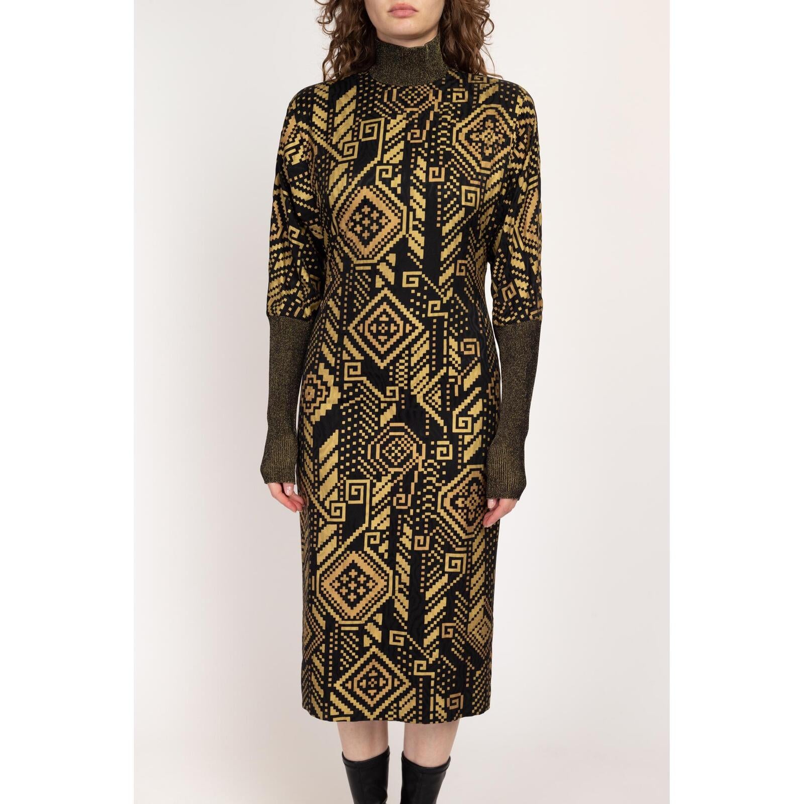 Small 80s Hanae Mori Black & Gold Silk Greek Key Print Dress Size 6