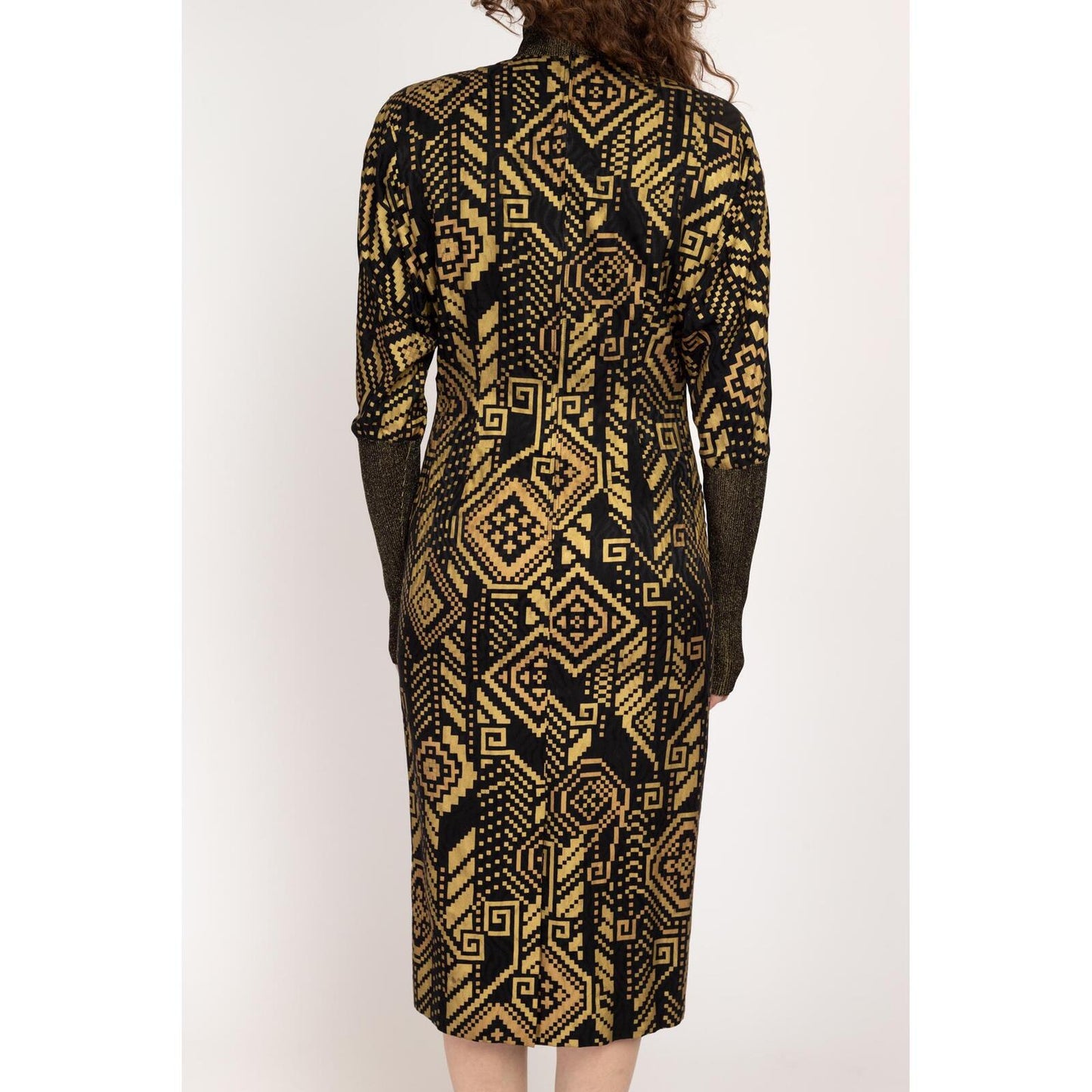 Small 80s Hanae Mori Black & Gold Silk Greek Key Print Dress Size 6