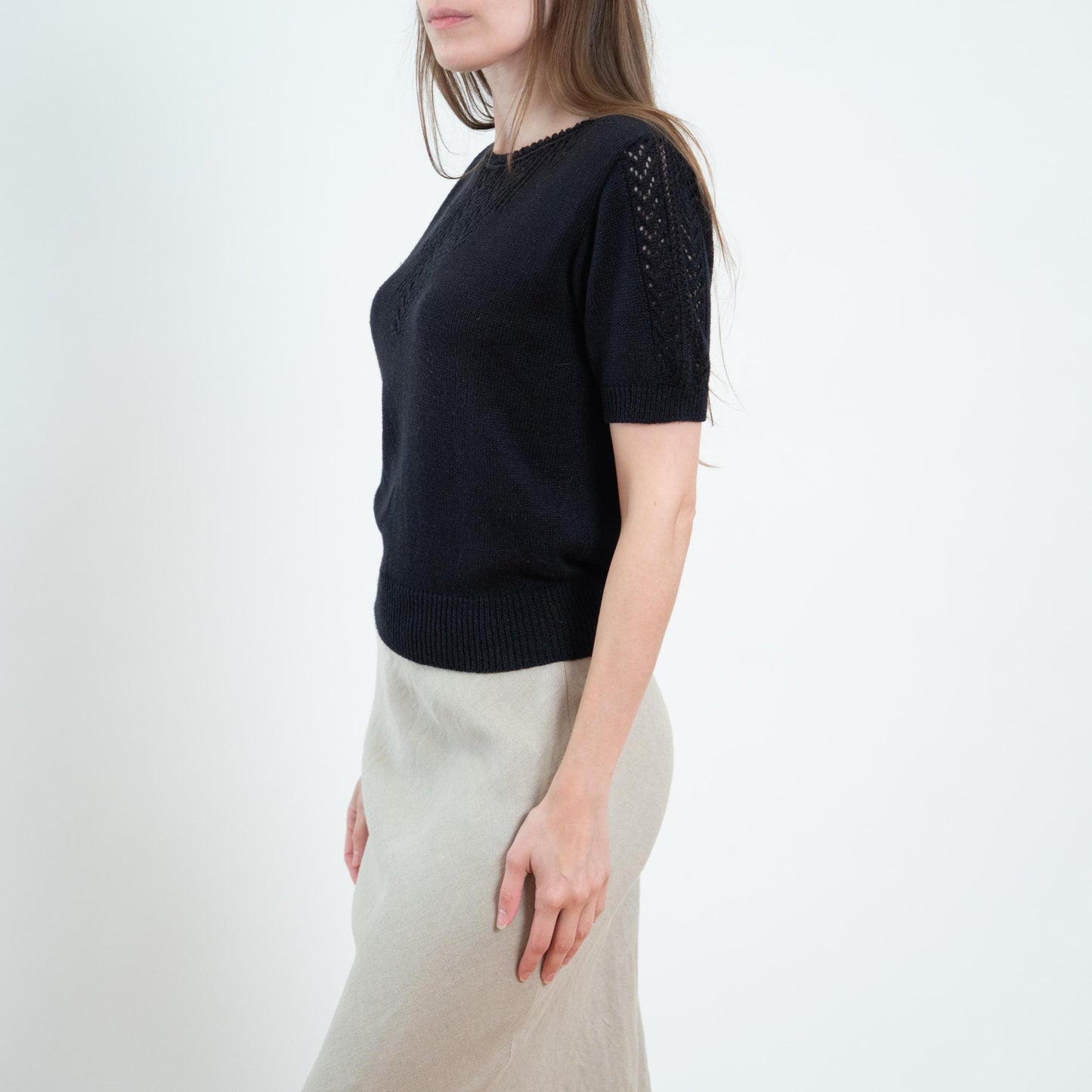 Vintage 60s 70s Black Pointelle Knit Crop Top - Medium