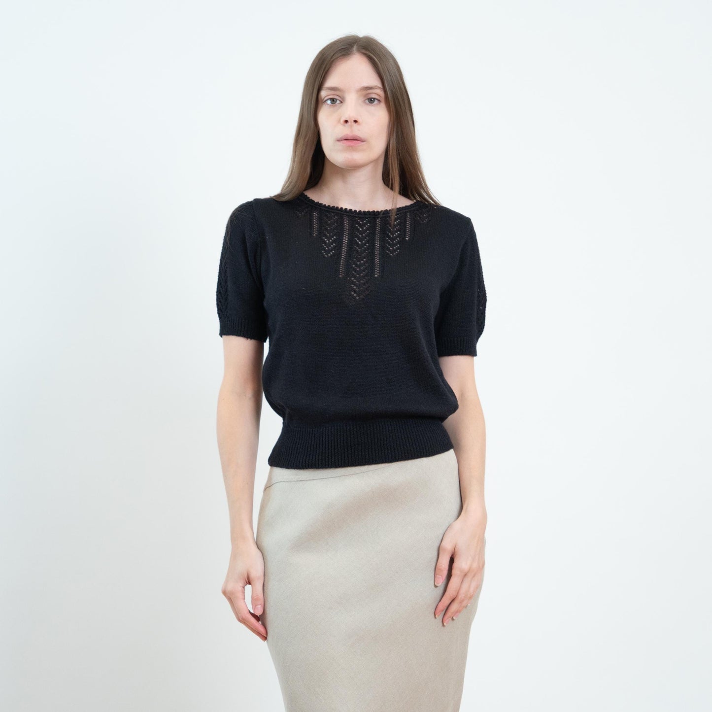 Vintage 60s 70s Black Pointelle Knit Crop Top - Medium