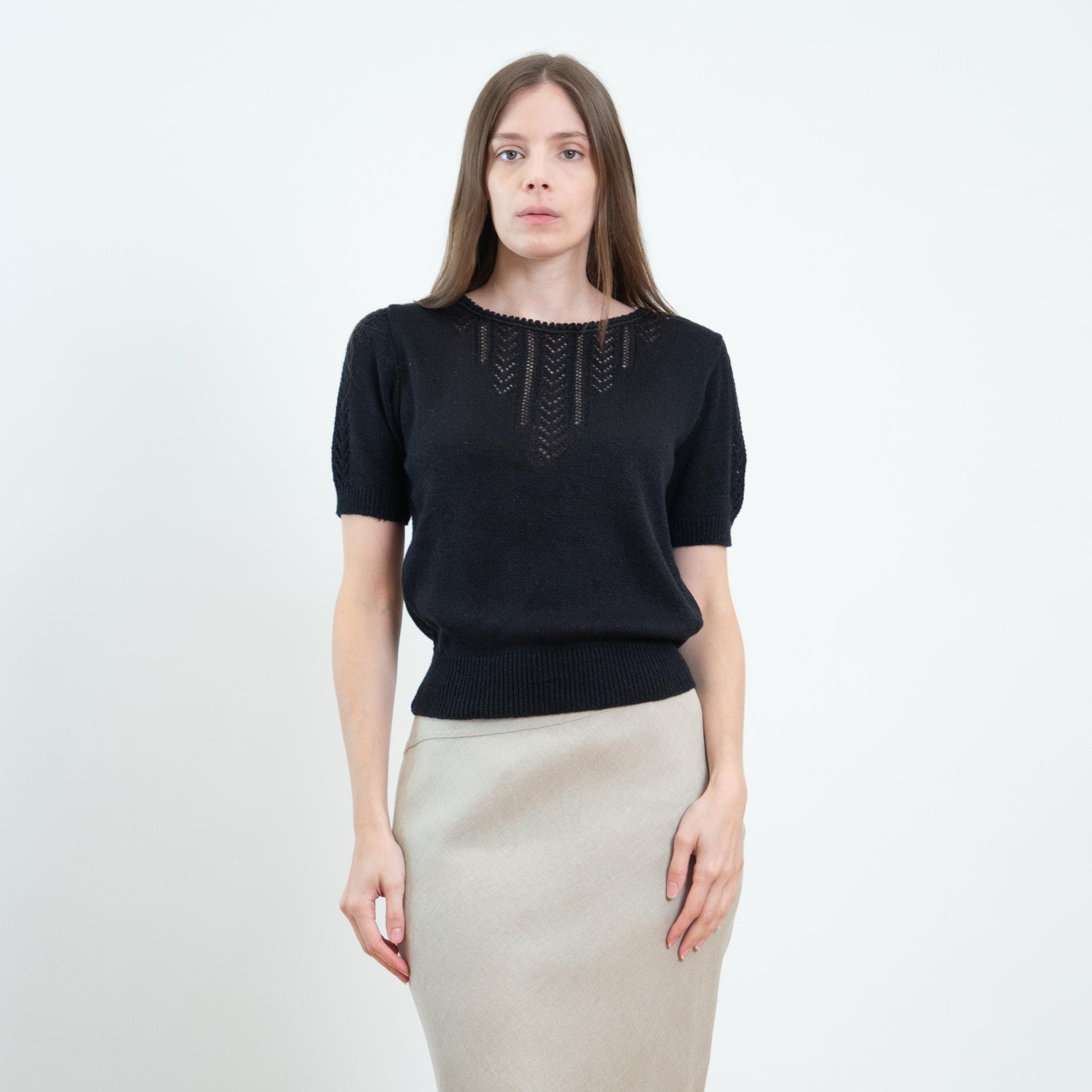 Vintage 60s 70s Black Pointelle Knit Crop Top - Medium