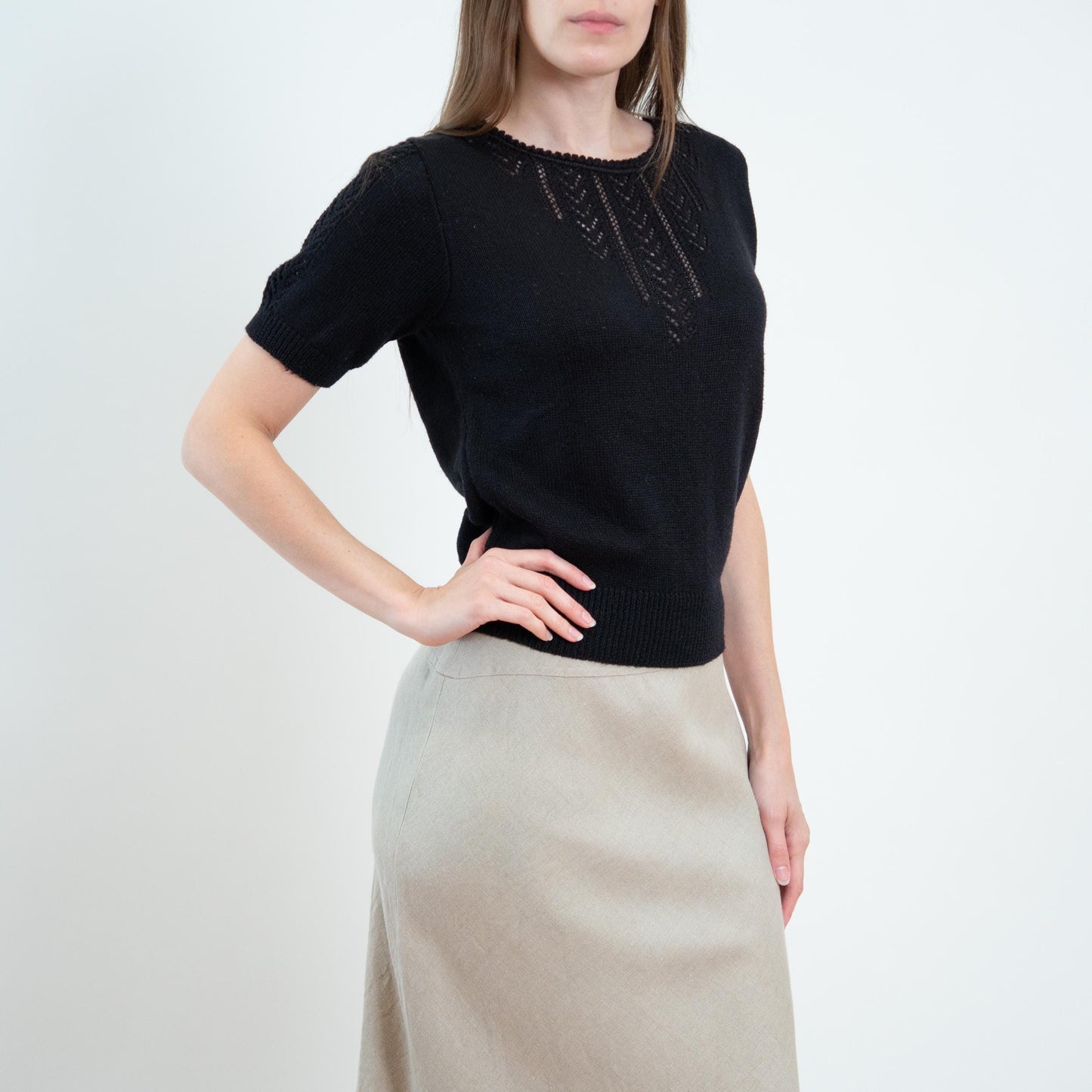 Vintage 60s 70s Black Pointelle Knit Crop Top - Medium