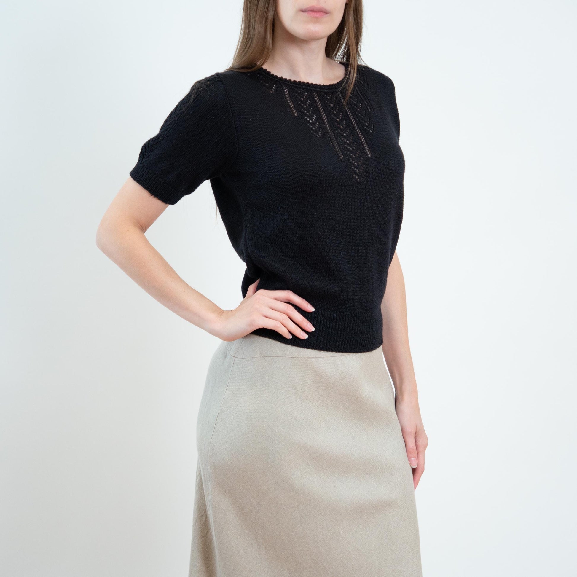 Vintage 60s 70s Black Pointelle Knit Crop Top - Medium