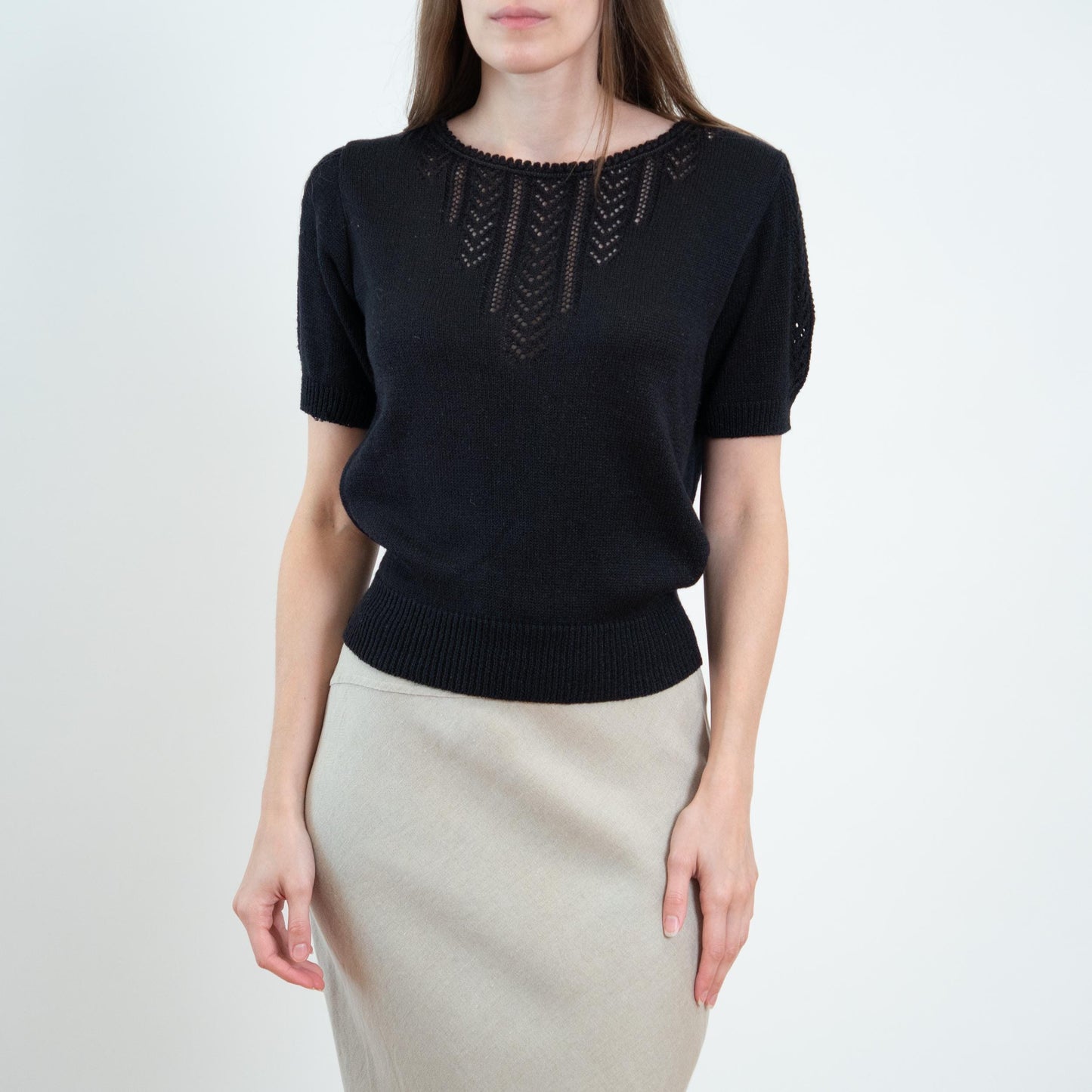 Vintage 60s 70s Black Pointelle Knit Crop Top - Medium