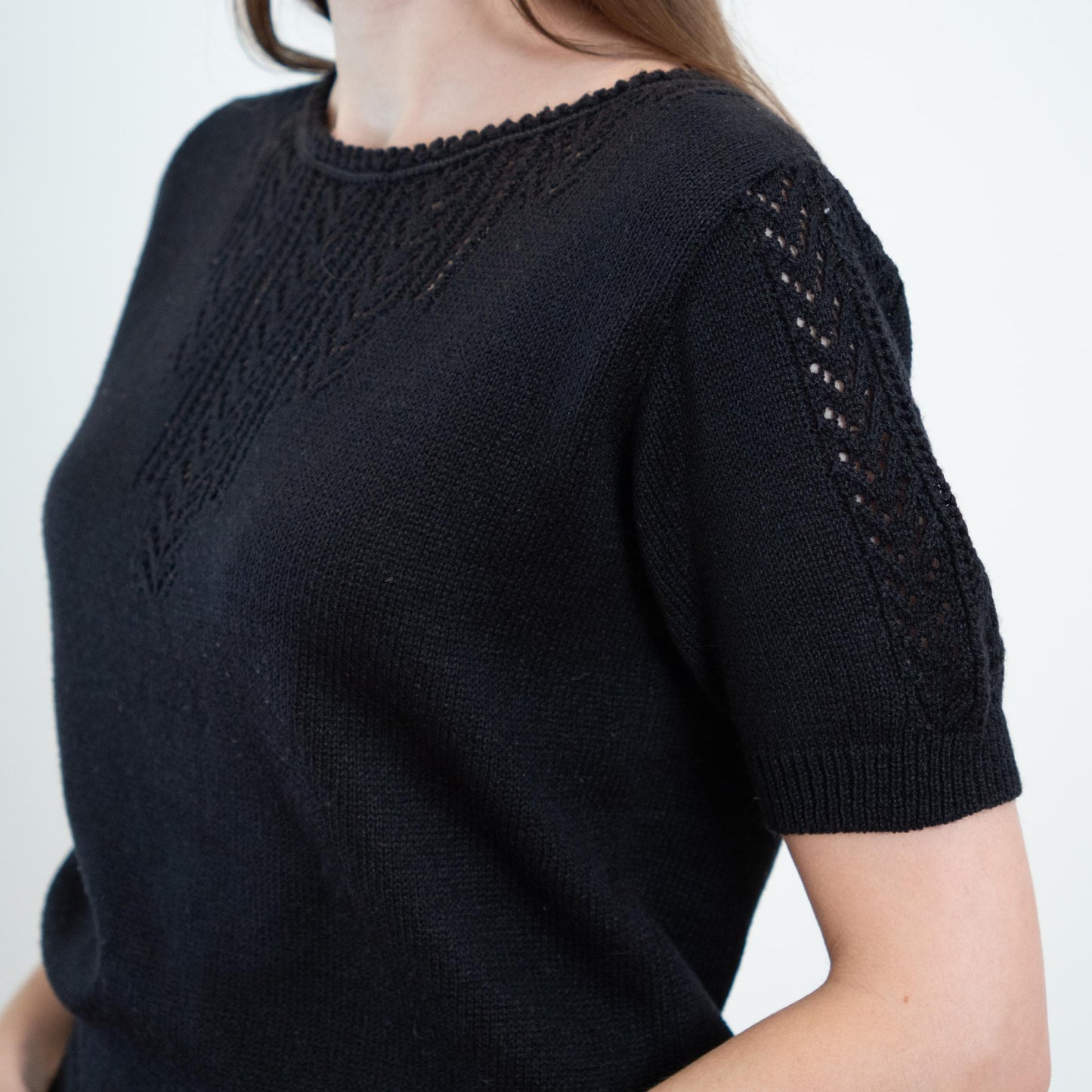 Vintage 60s 70s Black Pointelle Knit Crop Top - Medium