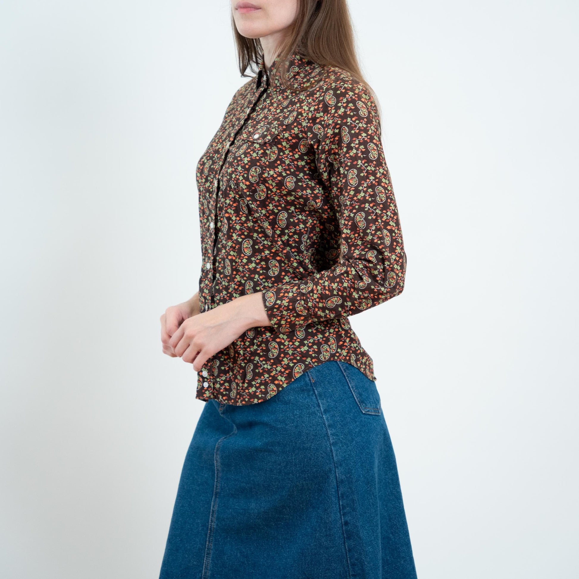 Vintage 70s Calico Floral & Paisley Print Top - XS to Small