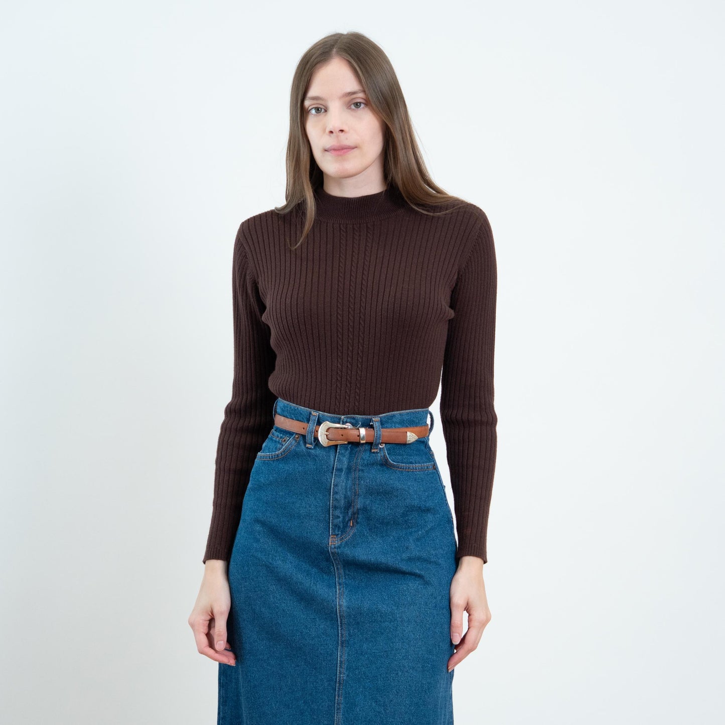 Vintage 90s Chocolate Brown Ribbed Lightweight Sweater - Small