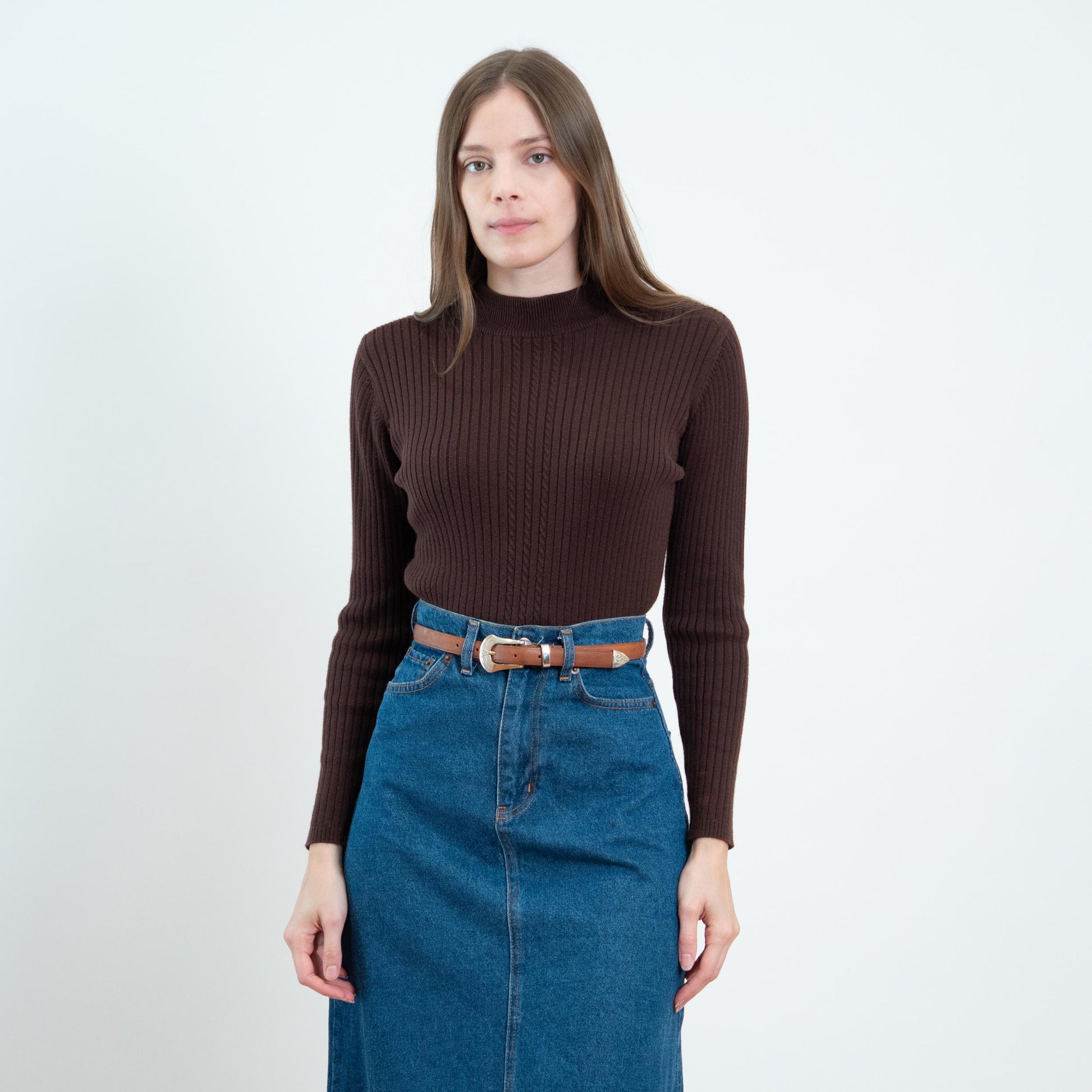 Vintage 90s Chocolate Brown Ribbed Lightweight Sweater - Small