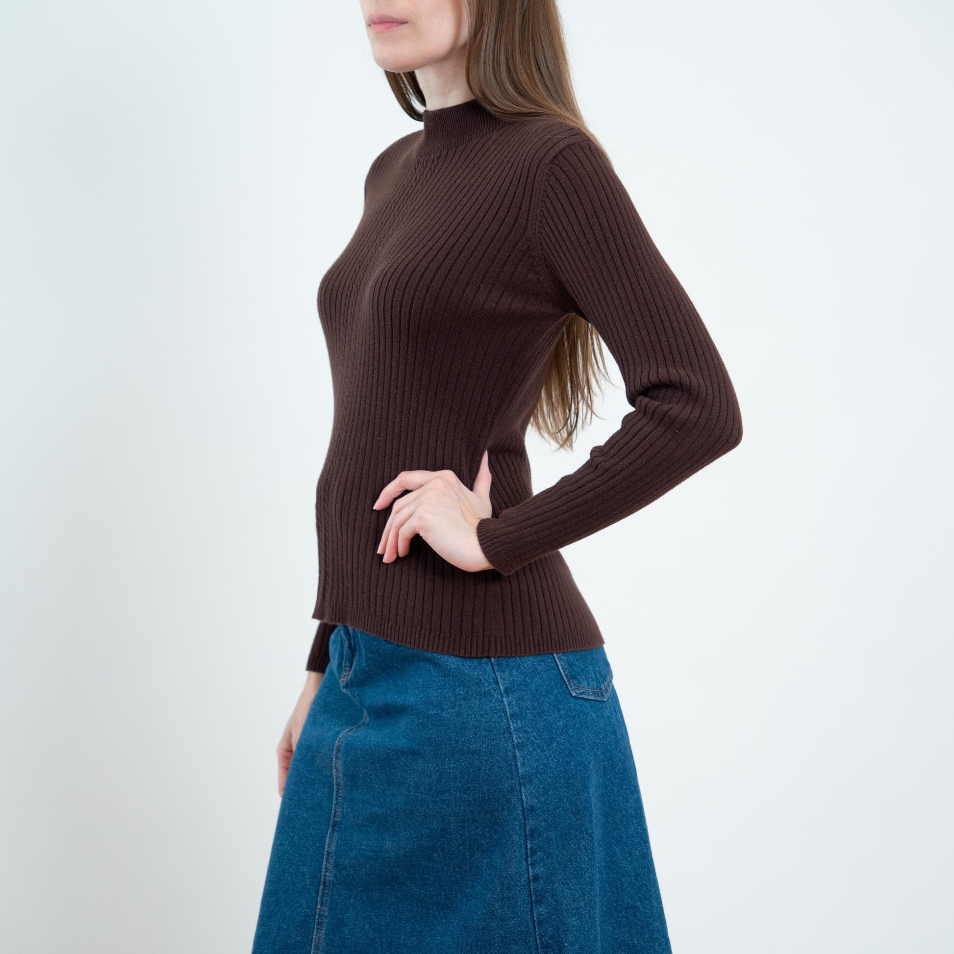Vintage 90s Chocolate Brown Ribbed Lightweight Sweater - Small