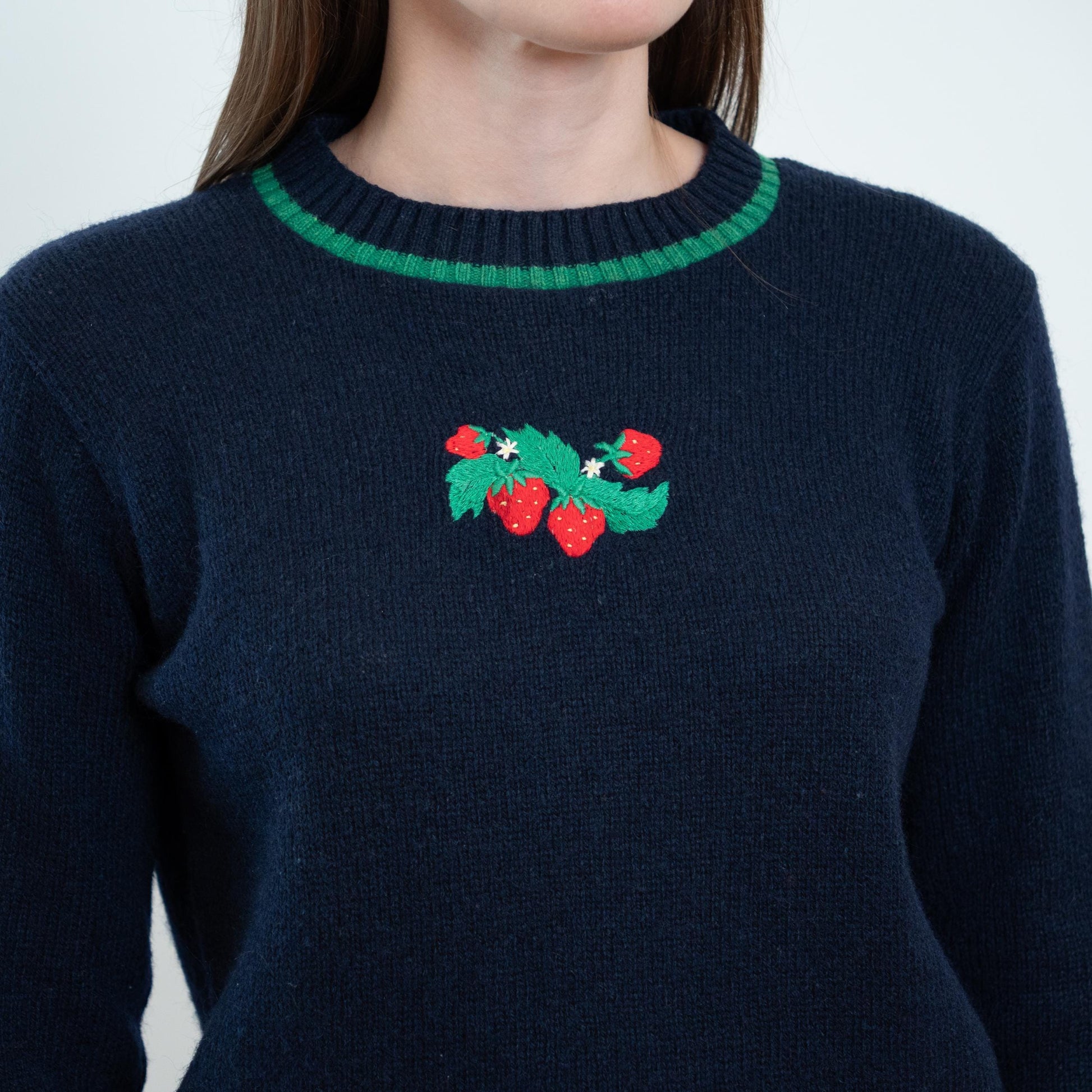 Vintage 70s Navy Blue Strawberry Sweater - Medium