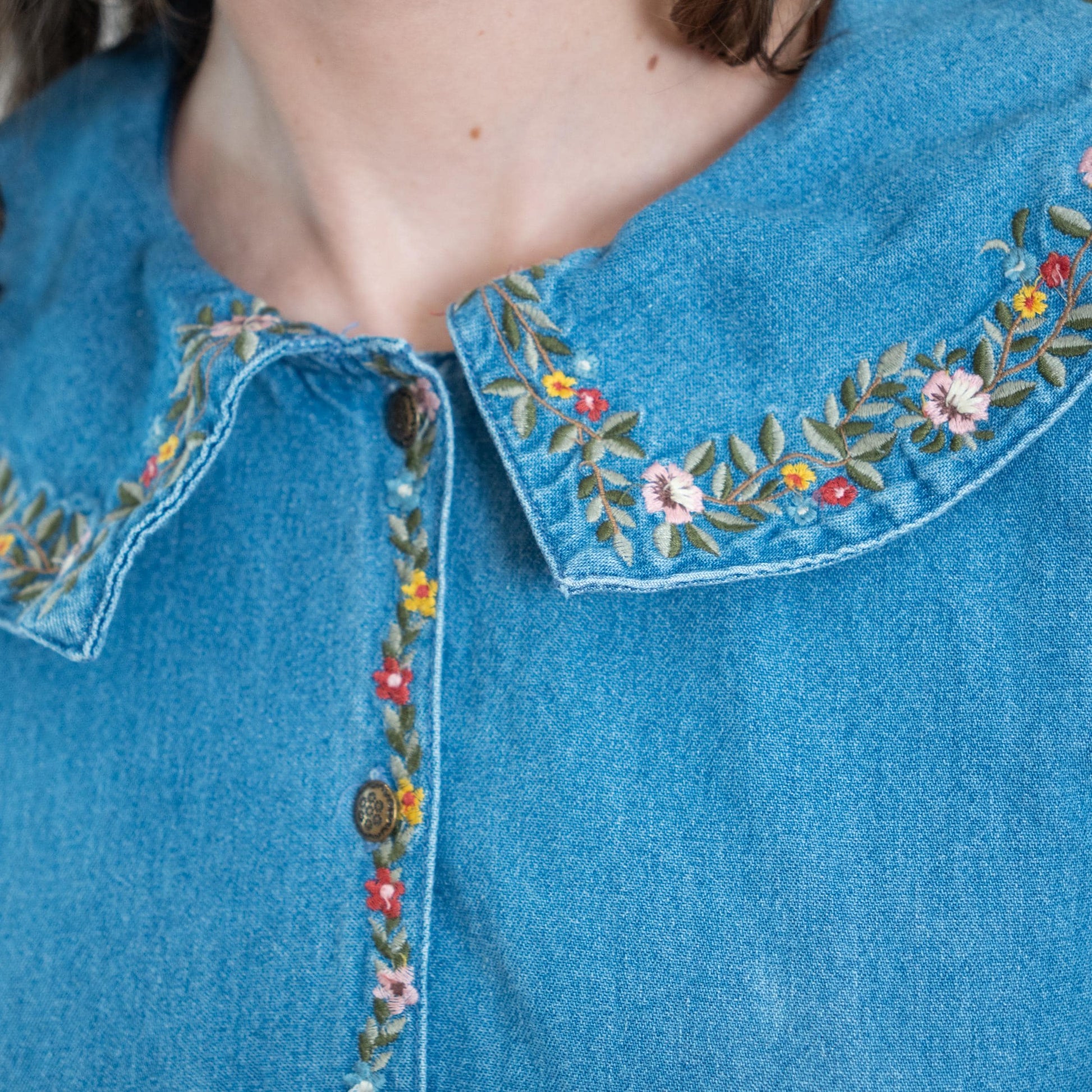 Vintage 80s Chambray Floral Embroidered Collar Shirtdress - Medium