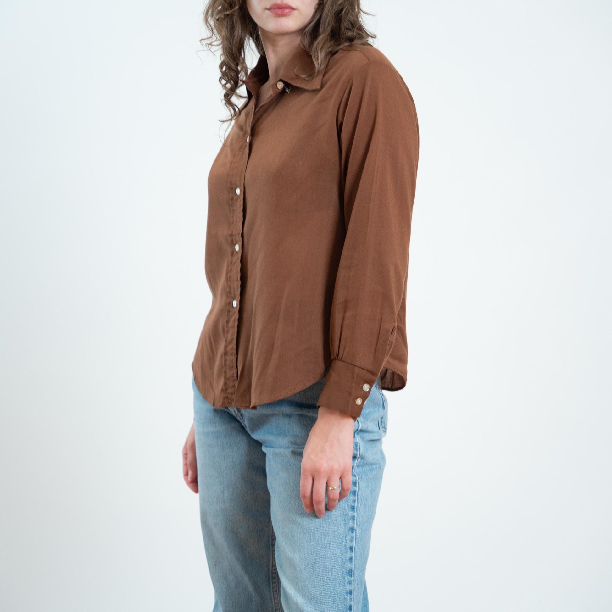 Vintage 70s Cocoa Brown Wing Tip Collar Shirt - Extra Large 