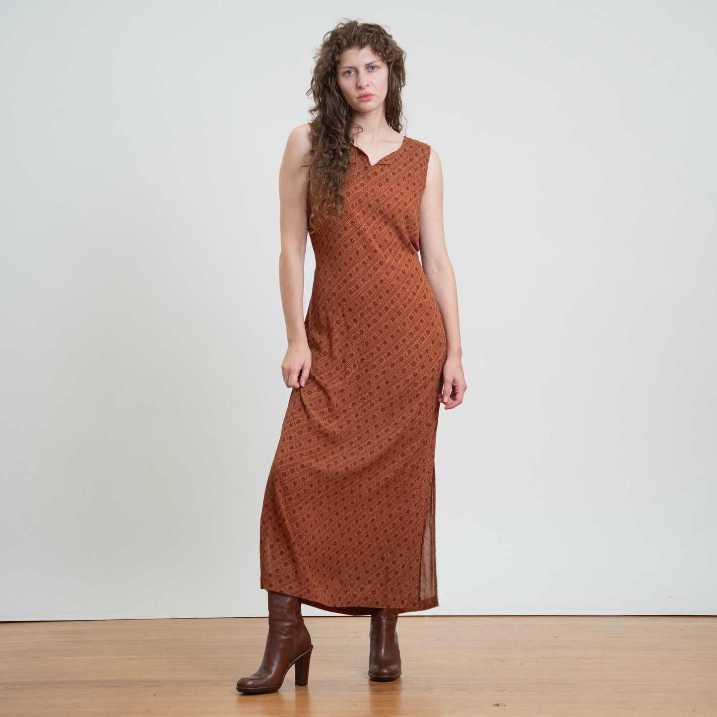 Vintage 90s Burnt Orange Floral Maxi Sundress - Large