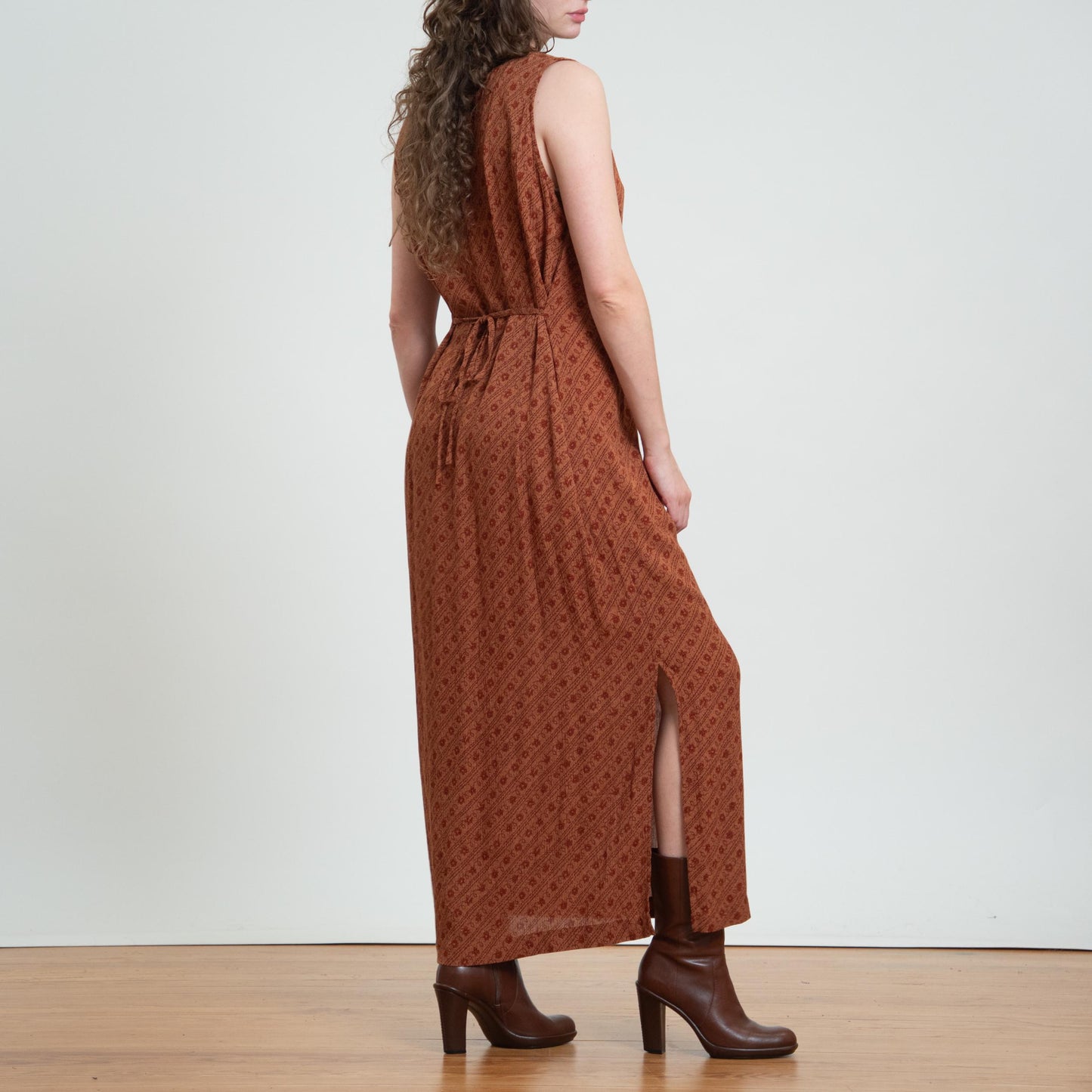 Vintage 90s Burnt Orange Floral Maxi Sundress - Large
