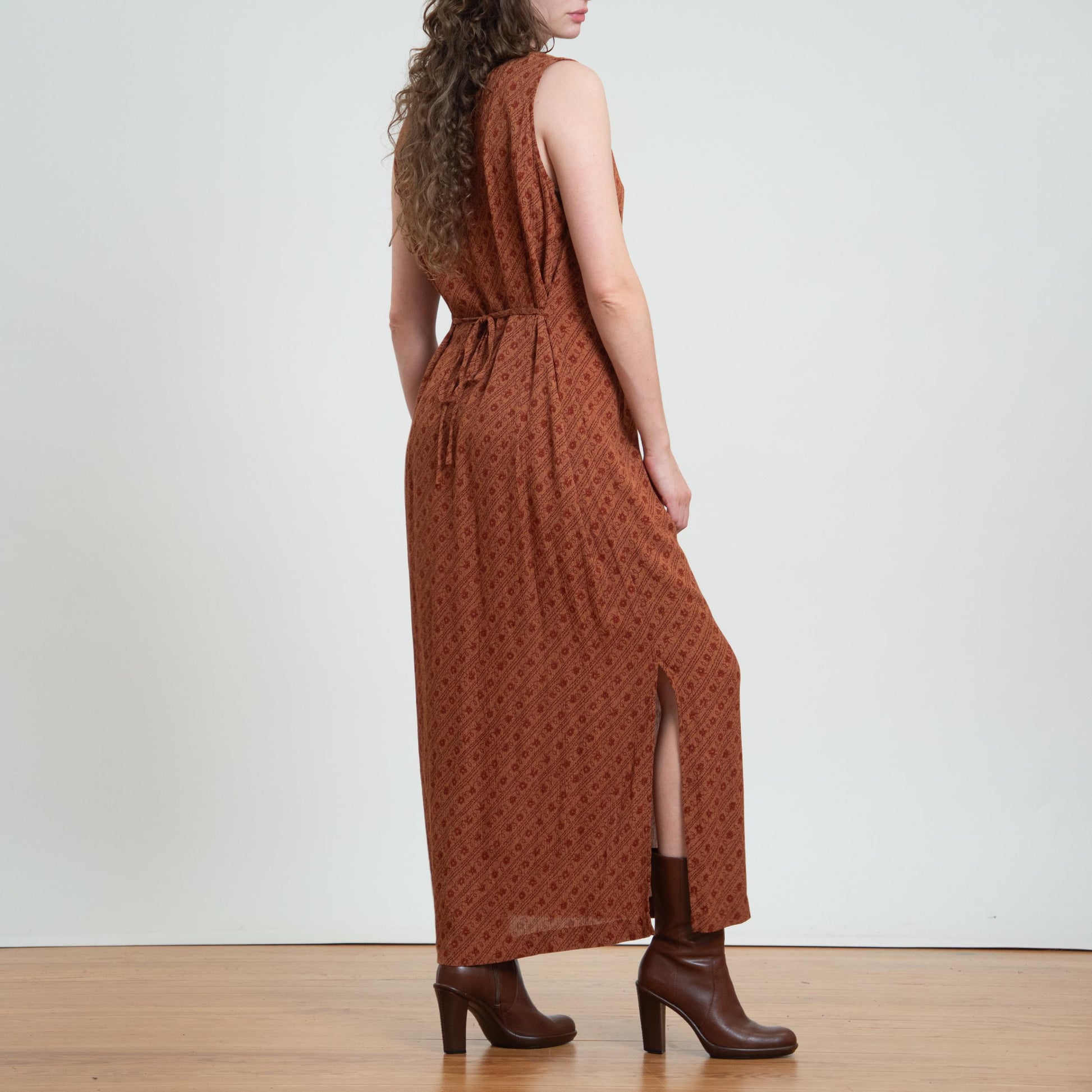 Vintage 90s Burnt Orange Floral Maxi Sundress - Large