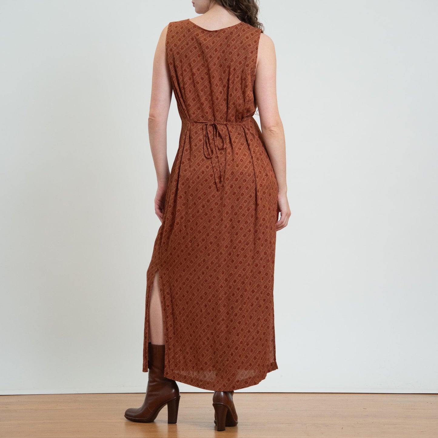 Vintage 90s Burnt Orange Floral Maxi Sundress - Large