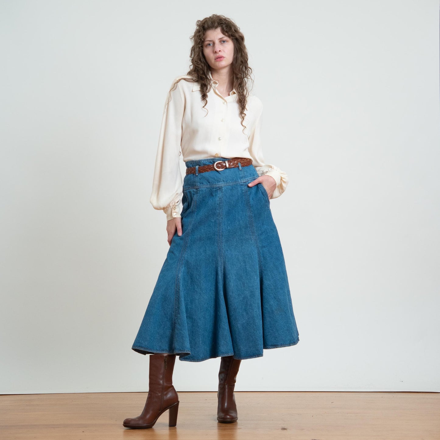 Vintage 90s Denim Midi Trumpet Skirt - Medium, 29" Waist |