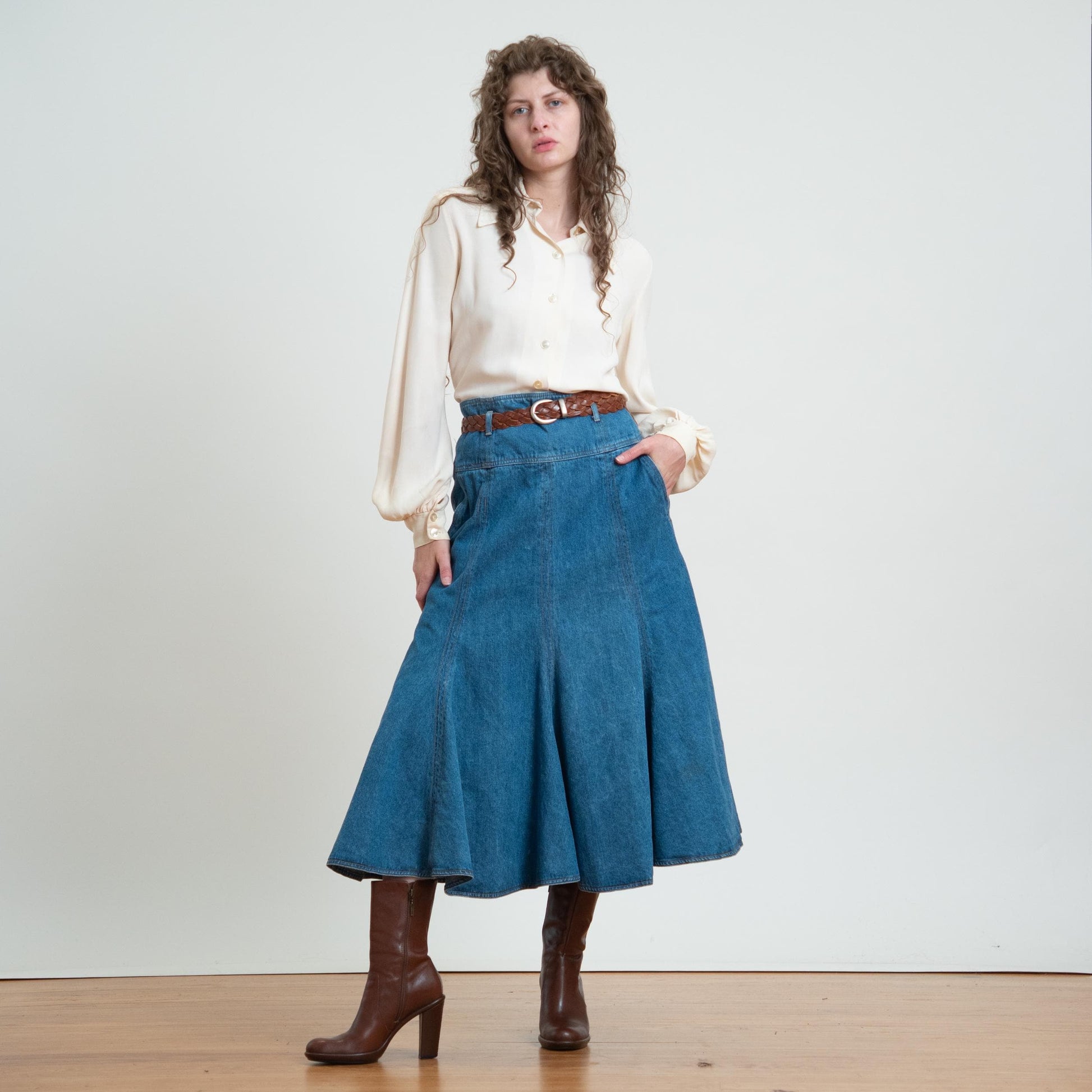 Vintage 90s Denim Midi Trumpet Skirt - Medium, 29" Waist |