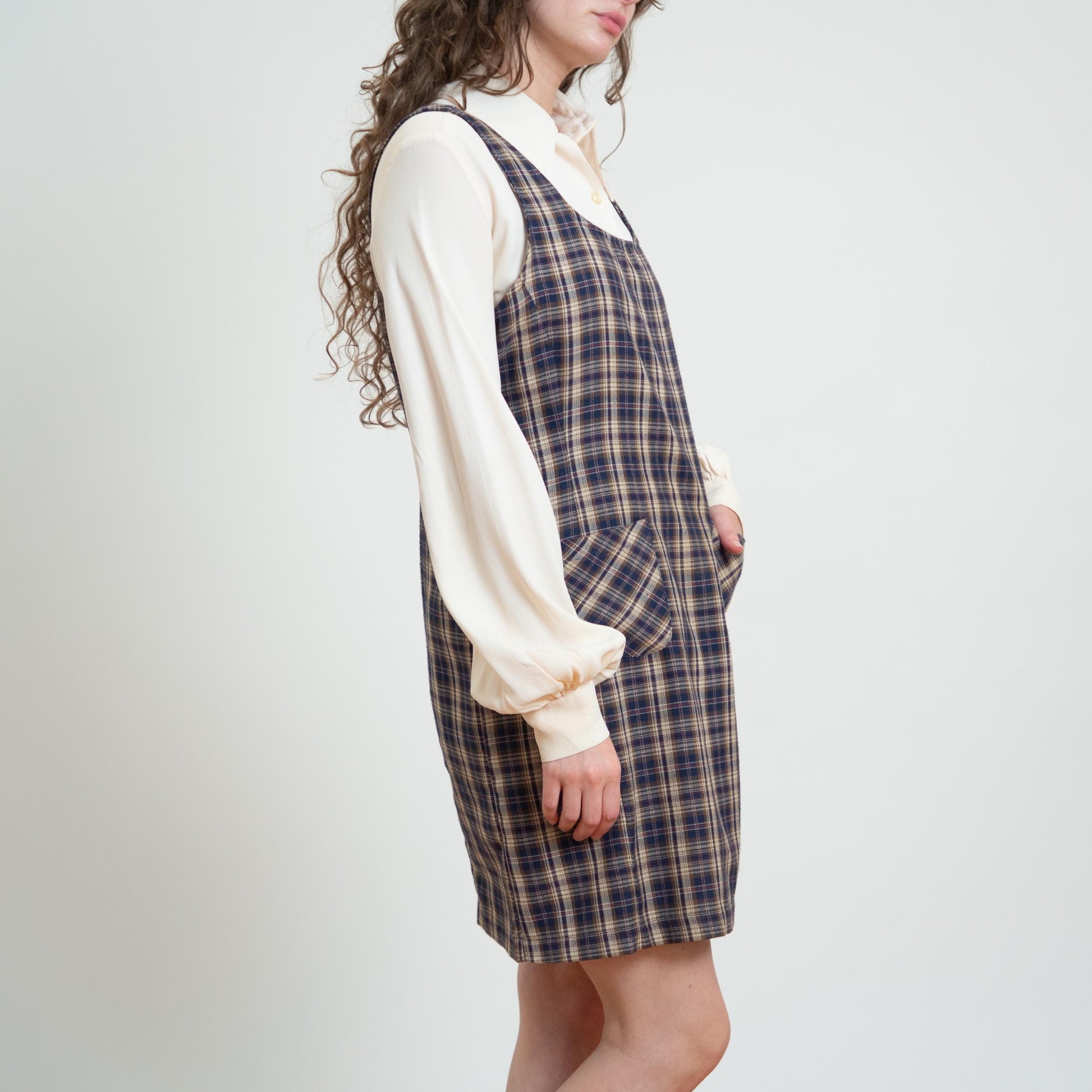 Vintage 90s Plaid Pinafore Mini Schoolgirl Dress - Large