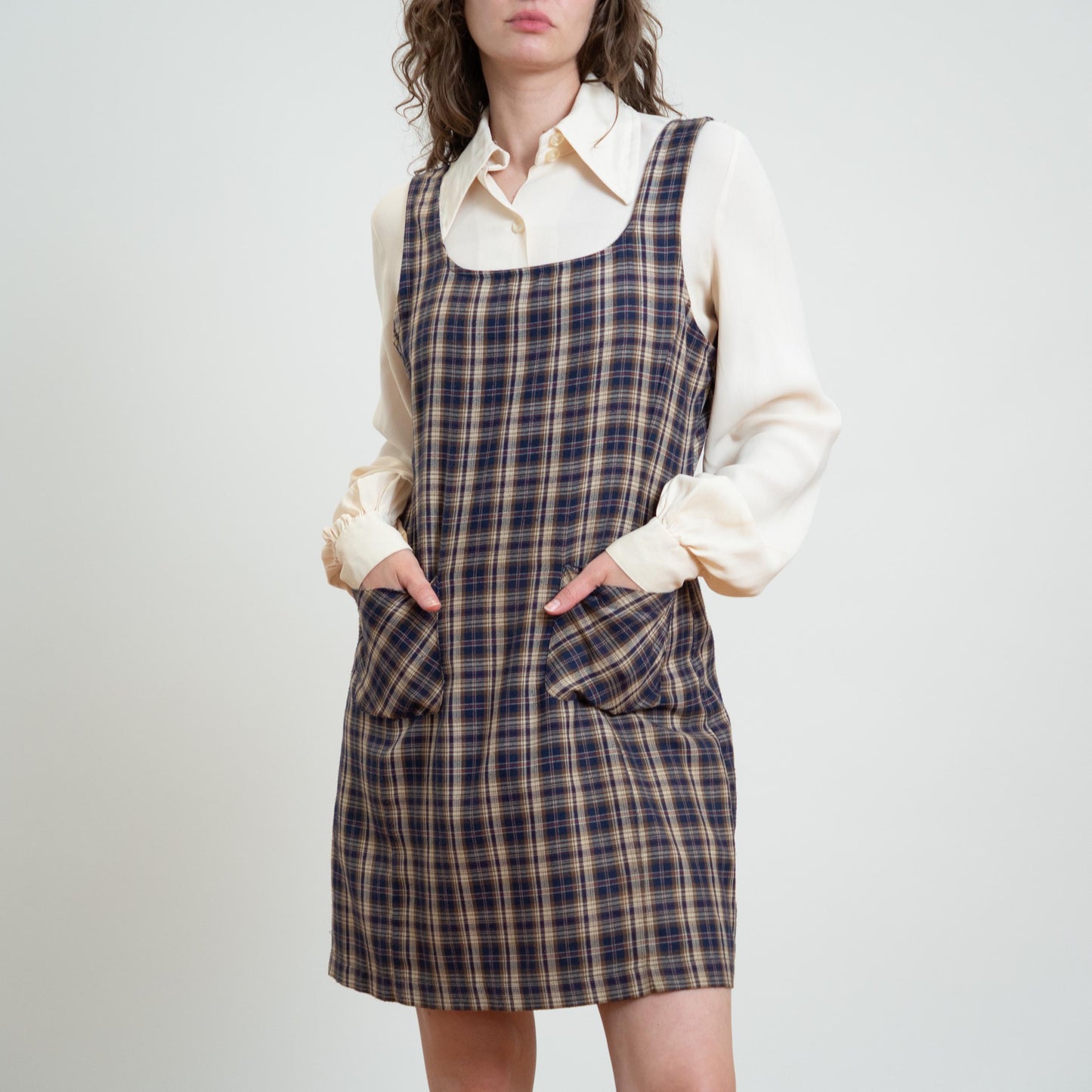 Vintage 90s Plaid Pinafore Mini Schoolgirl Dress - Large