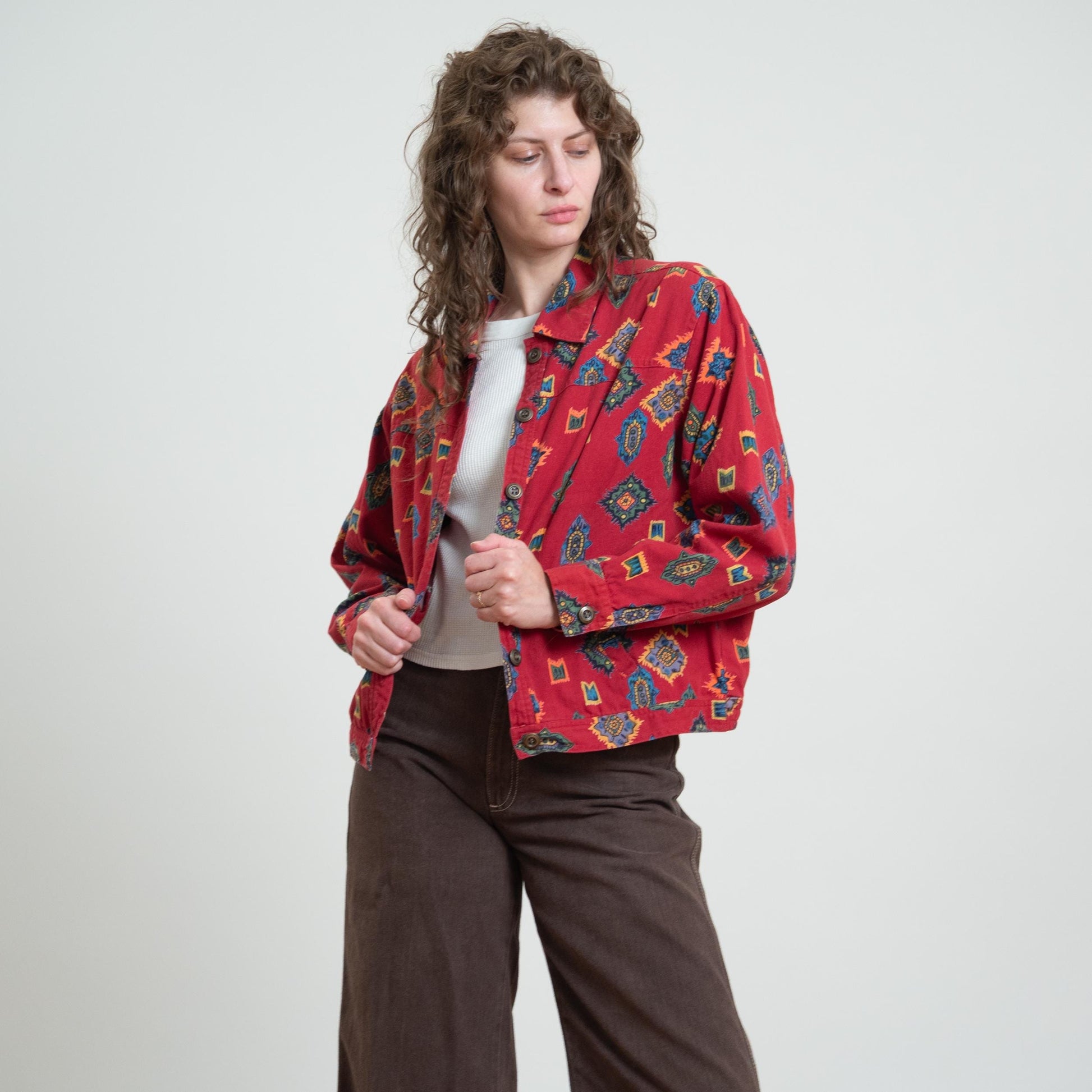 Vintage 90s Red Southwestern Print Cotton Jacket - Petite XL
