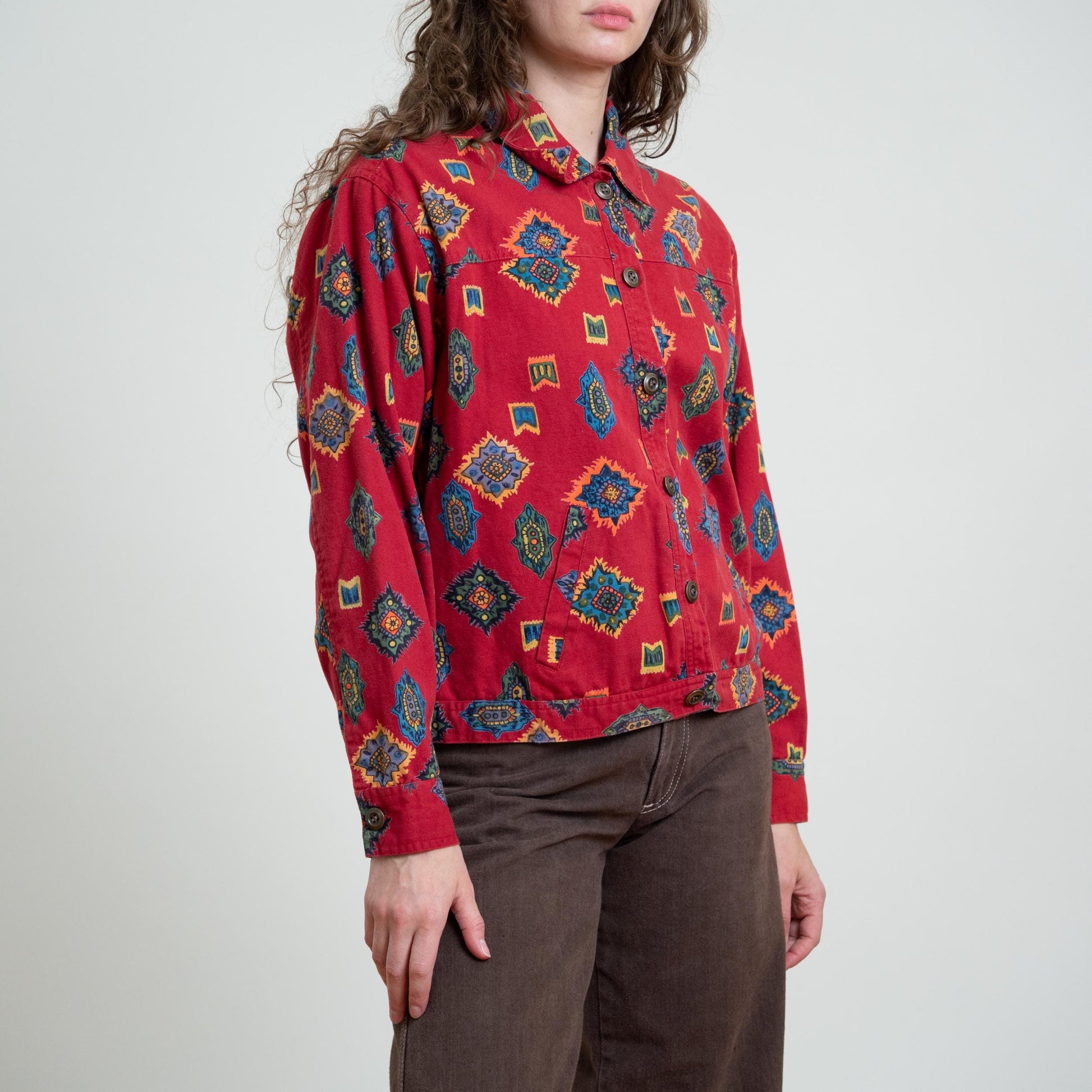 Vintage 90s Red Southwestern Print Cotton Jacket - Petite XL
