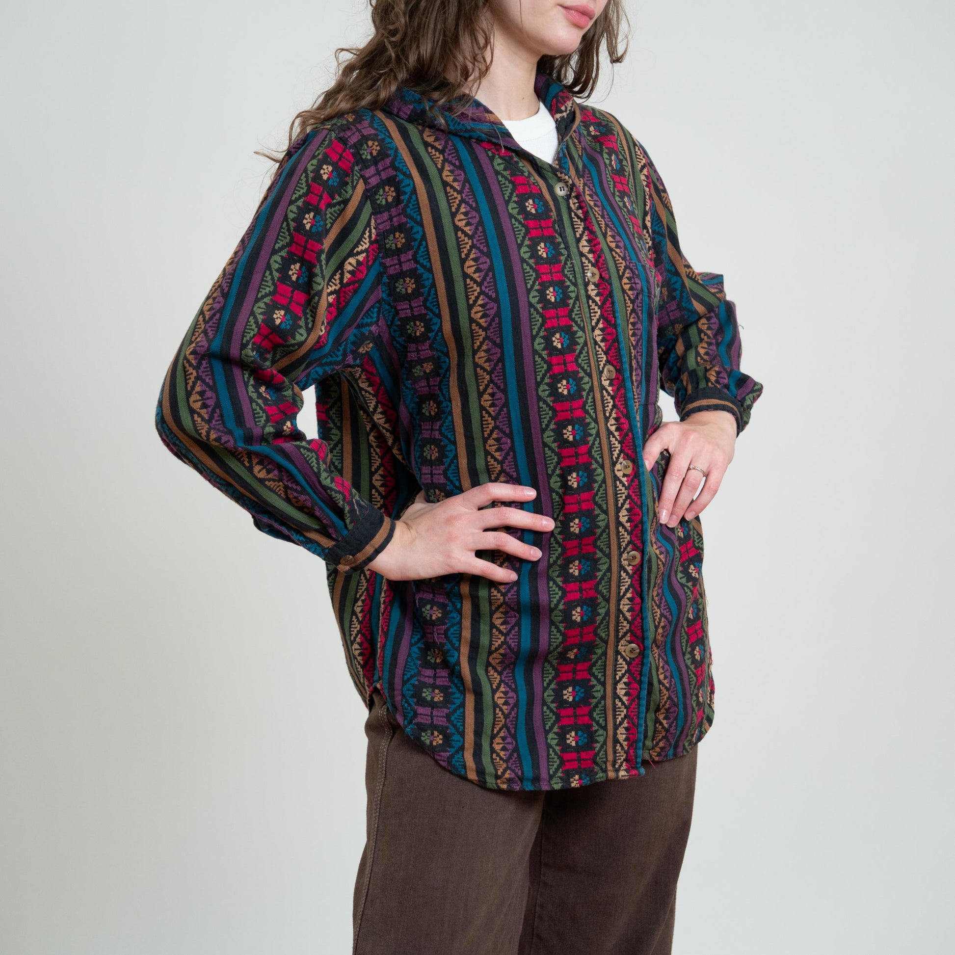 Vintage 80s Southwestern Jewel Tone Striped Hoodie - Large